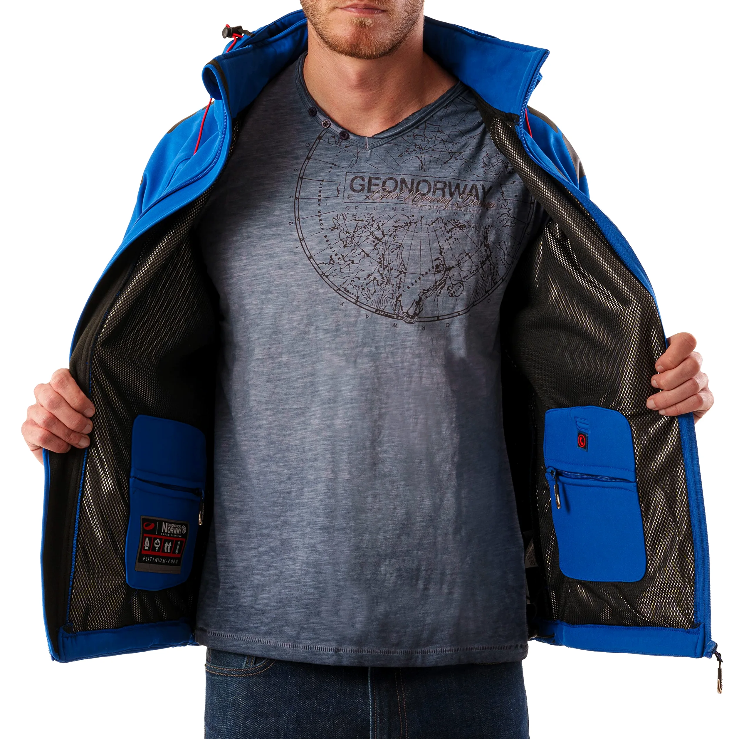 Geographical Norway Męska kurtka softshellowa, funkcyjna, outdoorowa, wodoodporna, w zestawie z beanie urbandreamz, Royal Tn, S