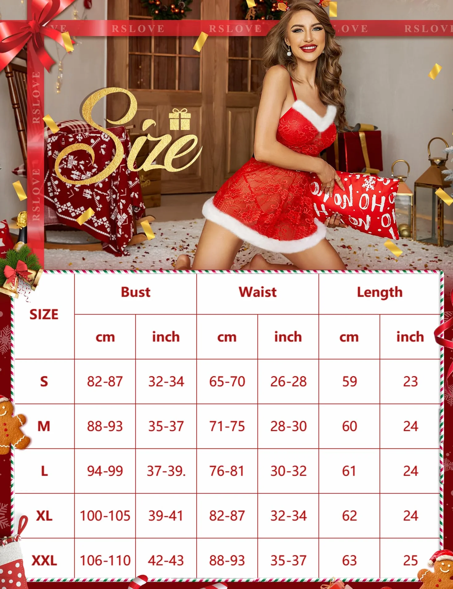 RSLOVE Sukienka bożonarodzeniowa dla kobiet, koronkowa Babydoll Sexy Santa Chemise sukienka miś, Czerwony, M