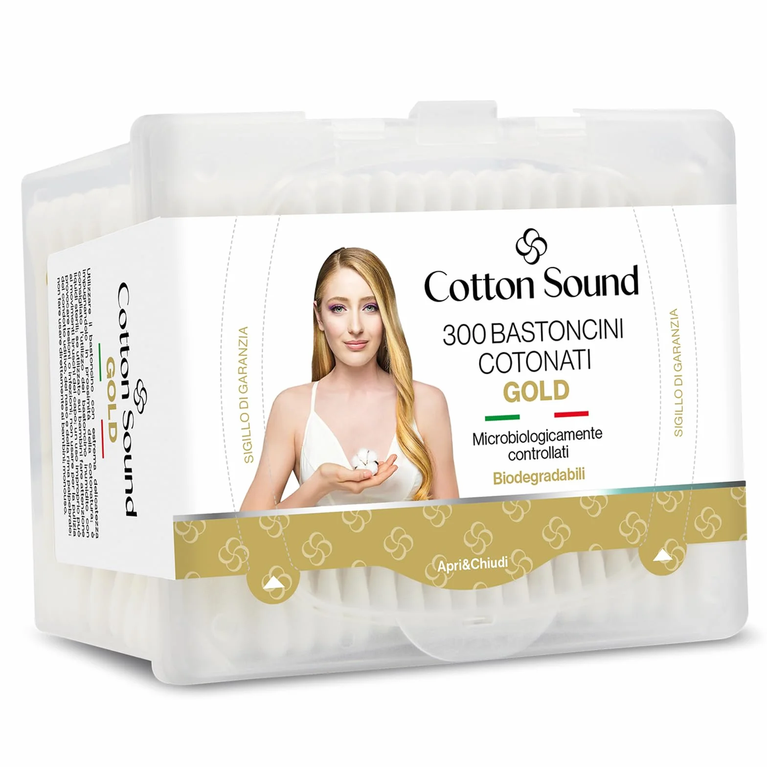 Cotton Sound GOLD Patyczki Bawełniane 1 opakowanie x 300 sztuk, pudełko otwarte i zamknij, bawełniane patyczki z papieru biodegradowalnego, 100% czystej bawełny hydrofilowej, idealne skóry wrażliwej, wykonane we Włoszech