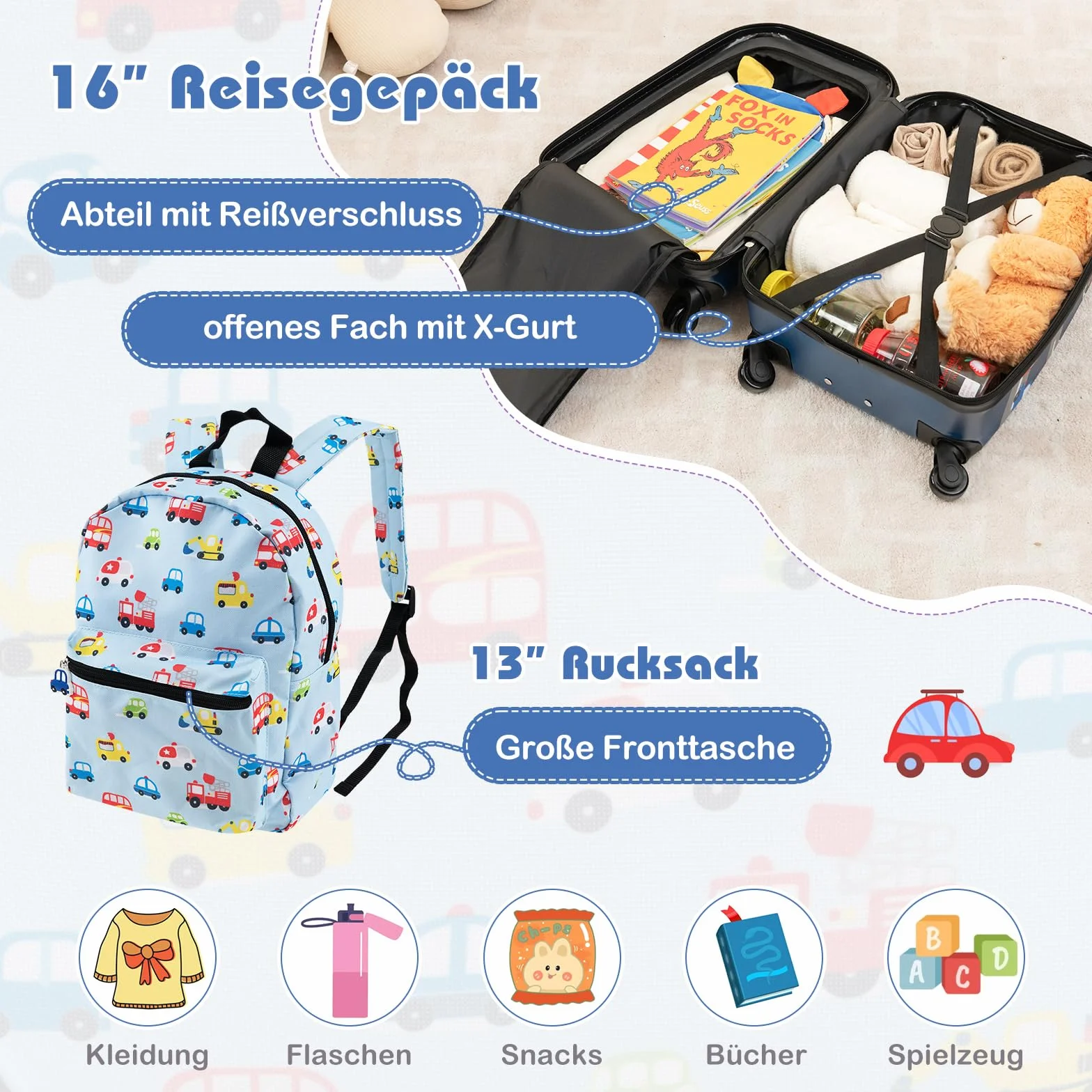 COSTWAY 5-częściowa walizka dziecięca + plecak, wózek dziecięcy z pudełkiem na lunch, zawieszka do bagażu i poduszka na kark, bagaż dziecięcy z kółkami, bagaż podręczny, walizka podróżna z twardą