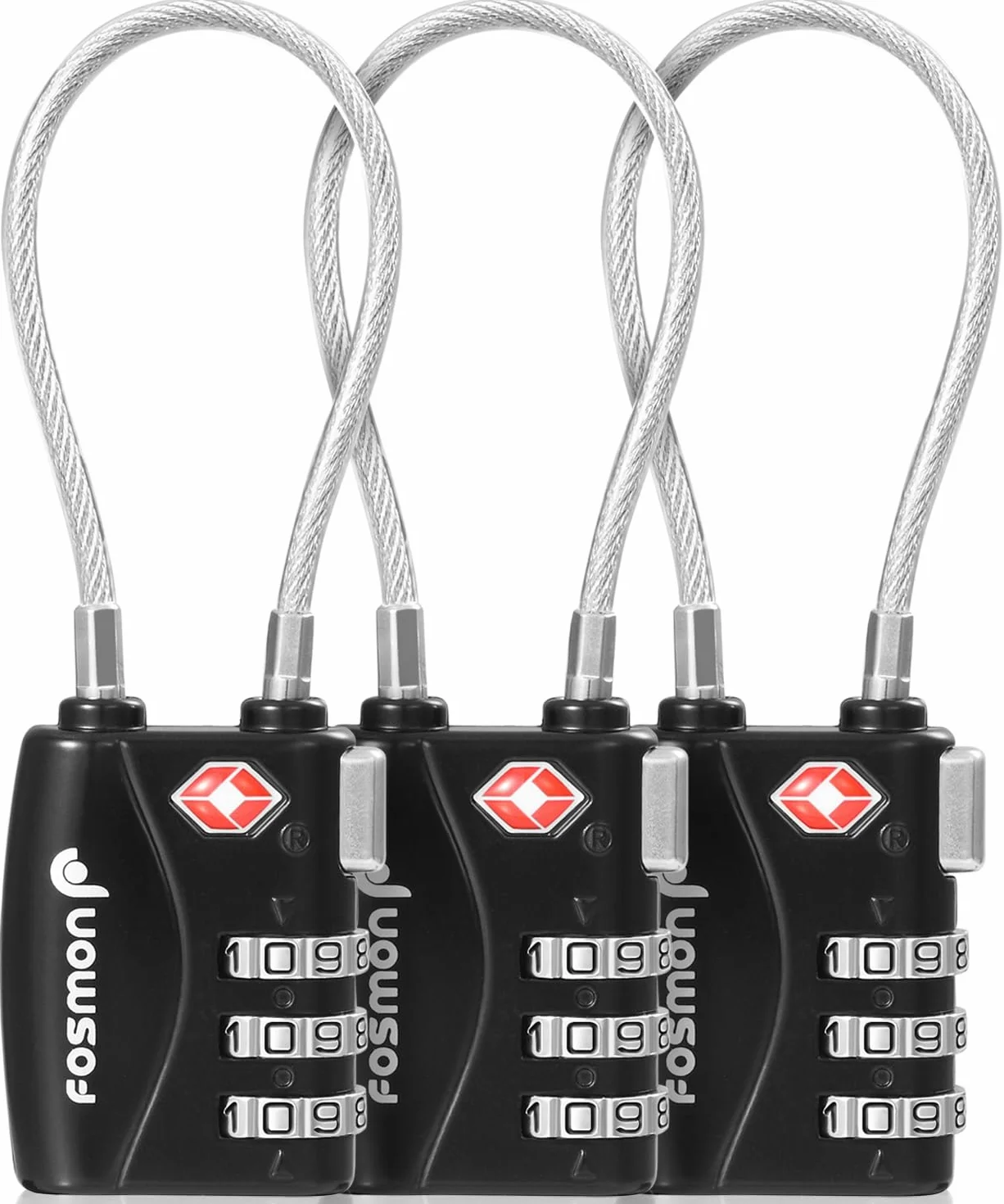 Fosmon kabel szyfrowy TSA 3-cyfrowy zestaw 3 szt czarny