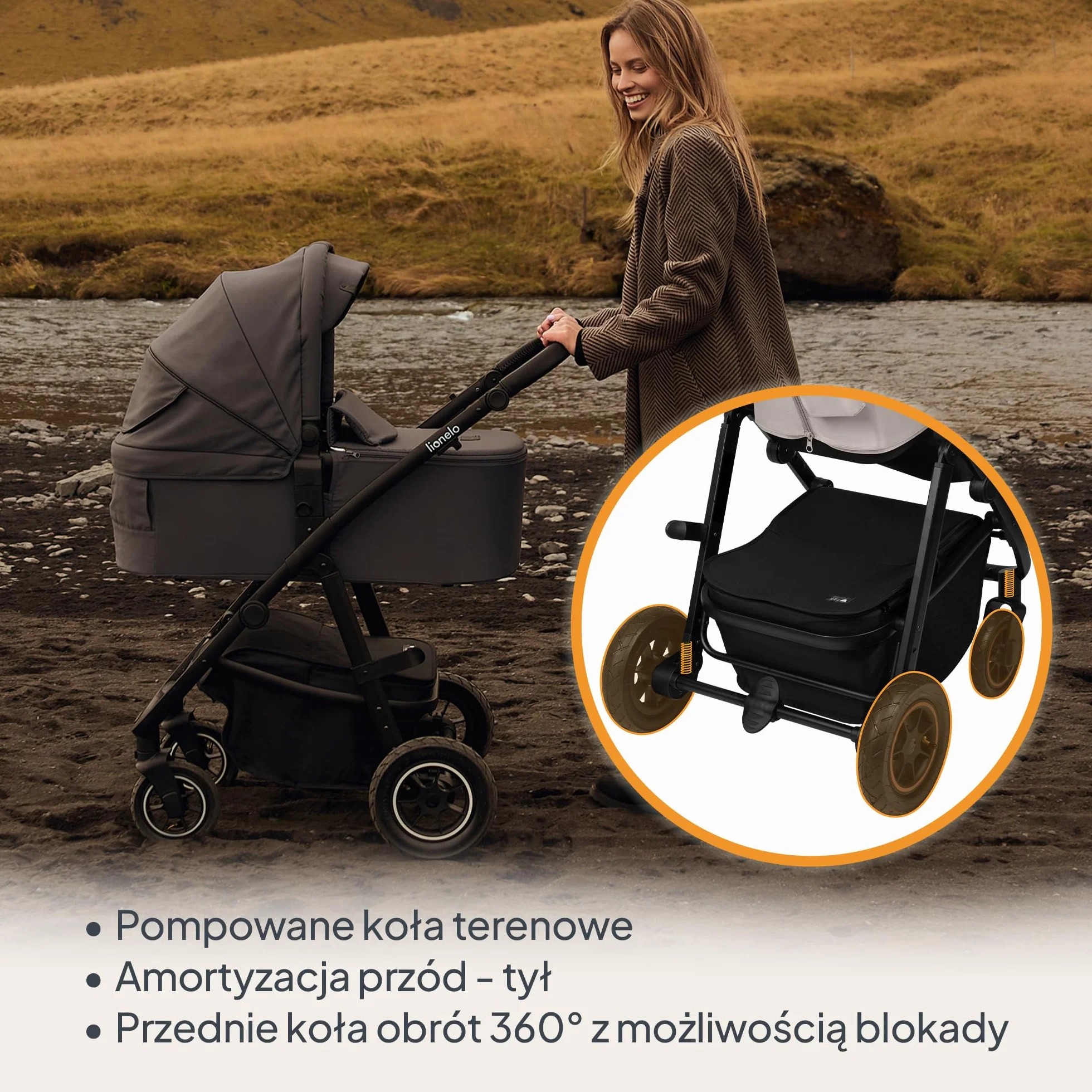 LIONELO AMBER PLUS 3 w 1 Wielofunkcyjny Wózek Dziecięcy od 0 do 4 lat do 22kg z Gondolą XL, Fotelik Samochodowy do 13 kg, Regulacja Oparcia, Duże Terenowe Koła 360o Budka XXL