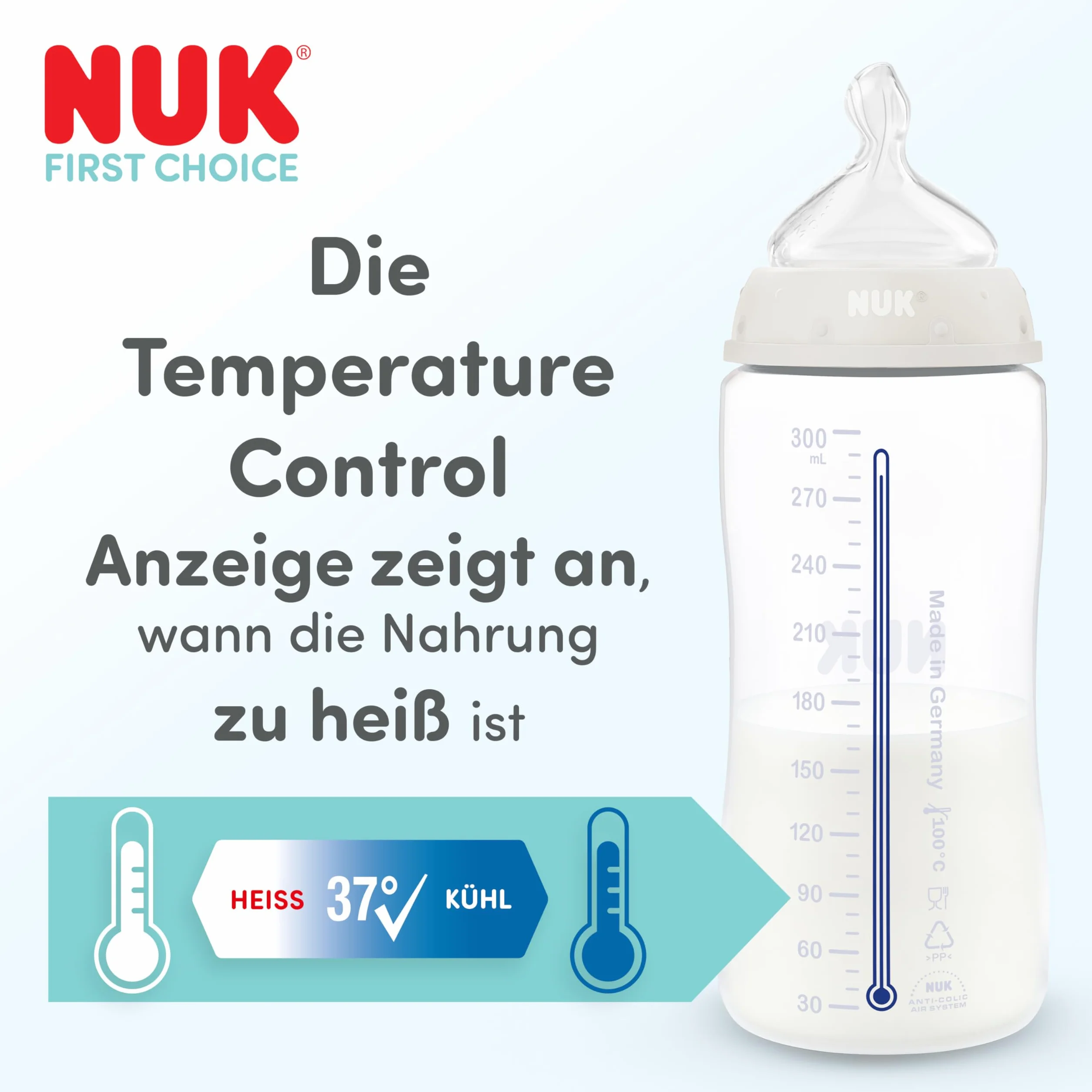 NUK First Choice Butelka dla niemowląt | 3+ miesiące | 240 ml | Butelka przeciwkolkowa | Szkło | Wskaźnik kontroli temperatury | Konik morski | 1 sztuka