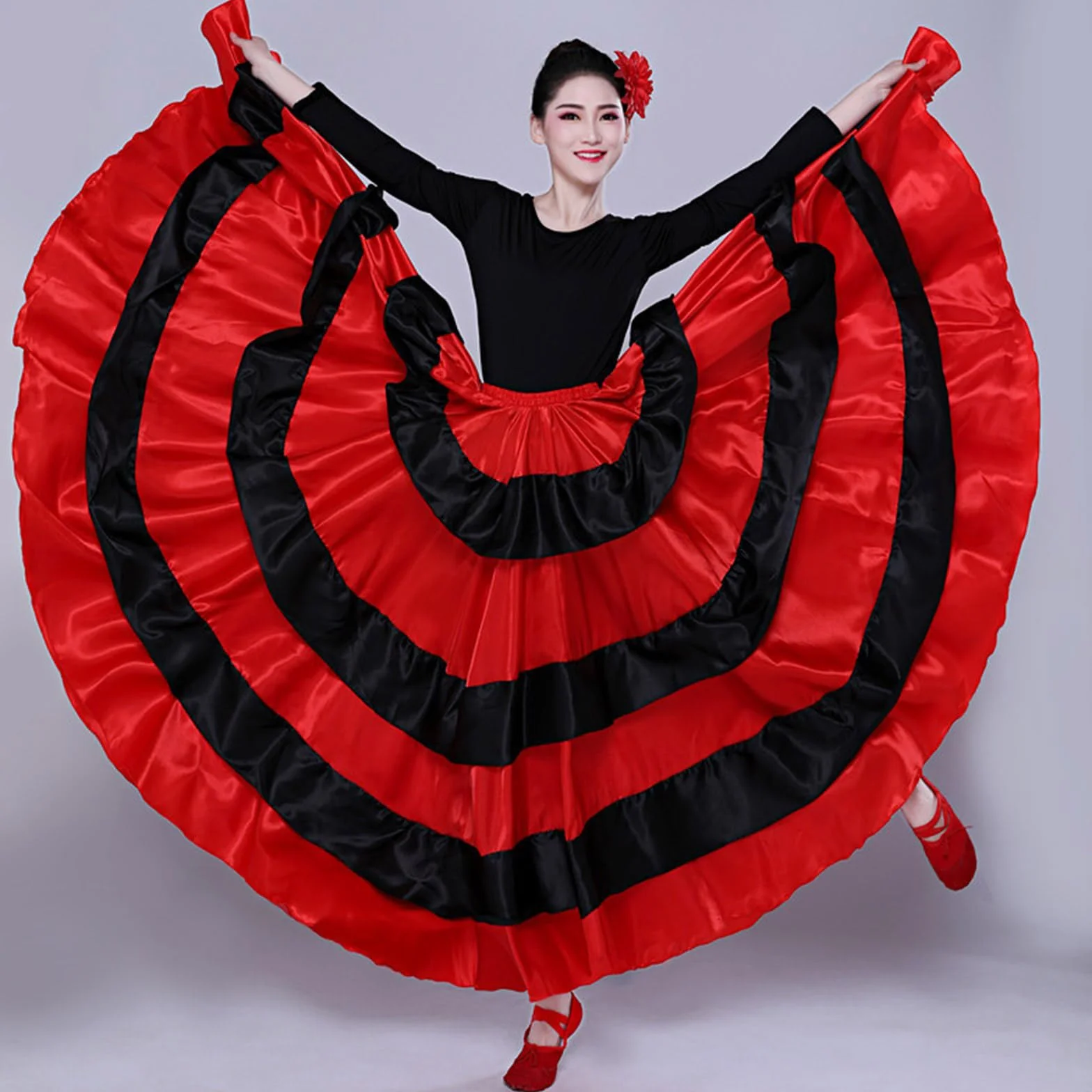 Damska czarna czerwona warstwowa długa spódnica do hiszpańskiego flamenco Meksyk Balet Folklorico spódnica do tańca brzucha długa spódnica flamenco hiszpański taniec duża huśtawka kostium na Halloween