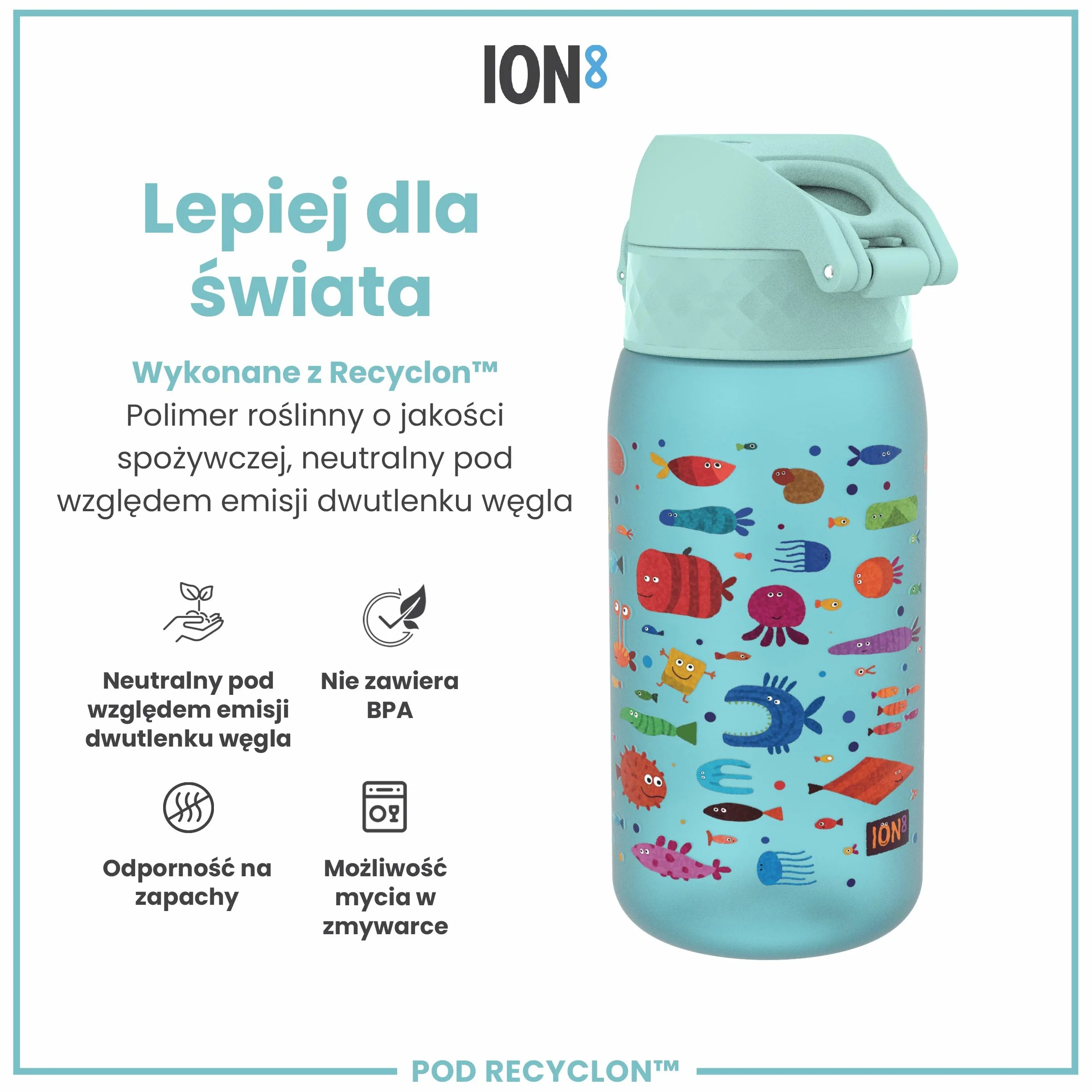 ION8 Butelka dla Dzieci, 350 ml/12 oz, Szczelna, Łatwa do Otwarcia, Bezpieczny Zamek, Można Myć w Zmywarce, Bez BPA, Uchwyt do Przenoszenia, Łatwa do Czyszczenia, Bezwonny, Wolna Ryba