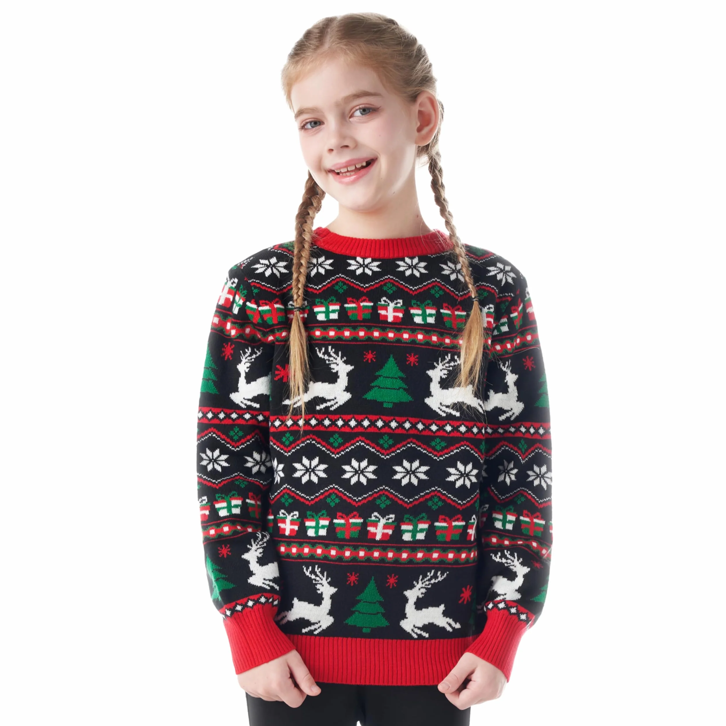 Giggling Getup Dopasowany rodzinny sweter bożonarodzeniowy, słodki świąteczny sweter z długim rękawem, czarny brzydki sweter bożonarodzeniowy