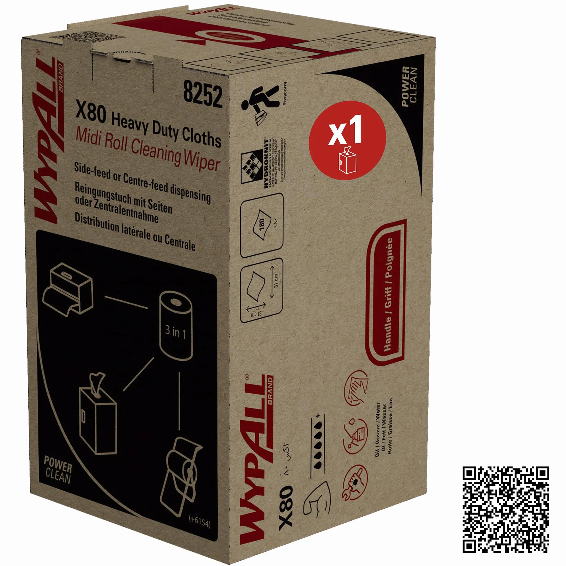 WypAll X80 Power Clean Heavy Duty 8252-2 w 1 zestaw do czyszczenia midi na rolce, 1 rolka x 180 białych ściereczek do polerowania