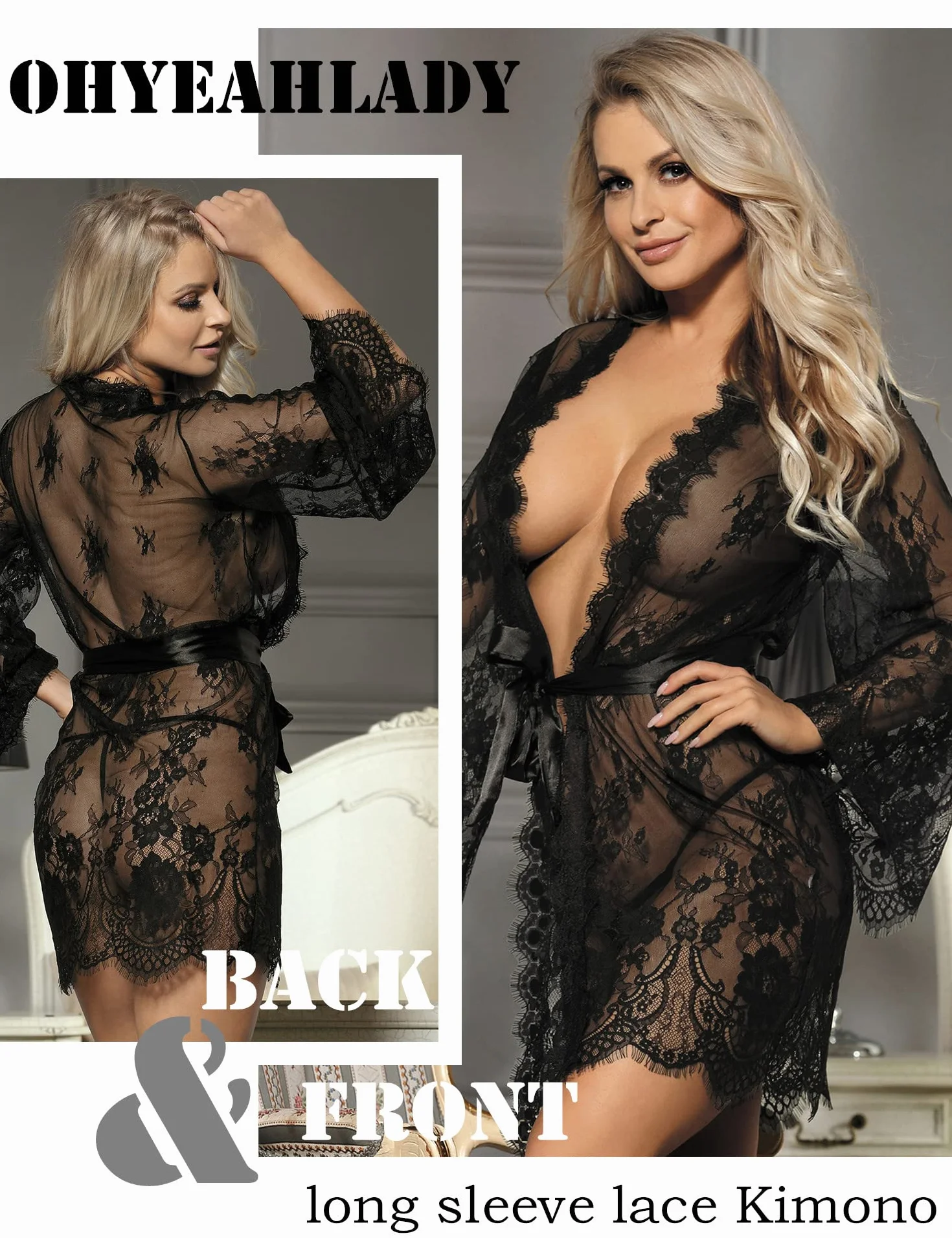 ohyeahlady damskie kimono koronkowe, falbanki, długi rękaw, przezroczysty, szerokie rękawy, szlafrok poranny, bielizna erotyczna, bielizna nocna, szlafrok kąpielowy, bielizna damska, zestaw ze stringami G, paskiem, duże rozmiary