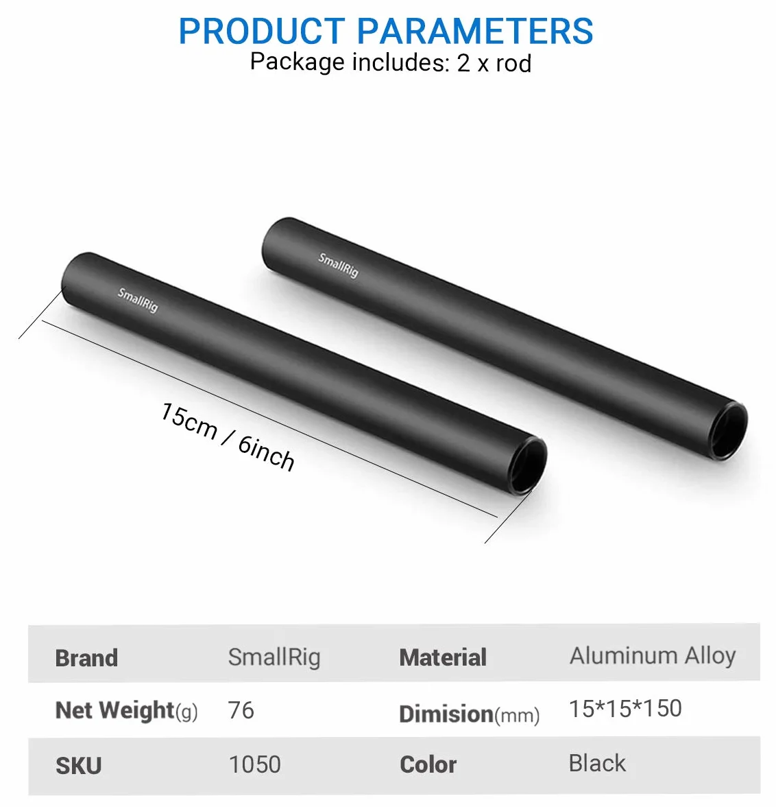 SMALLRIG 2 szt.Czarny pręt ze stopu aluminium 15mm - 15cm 6 cali - 1050