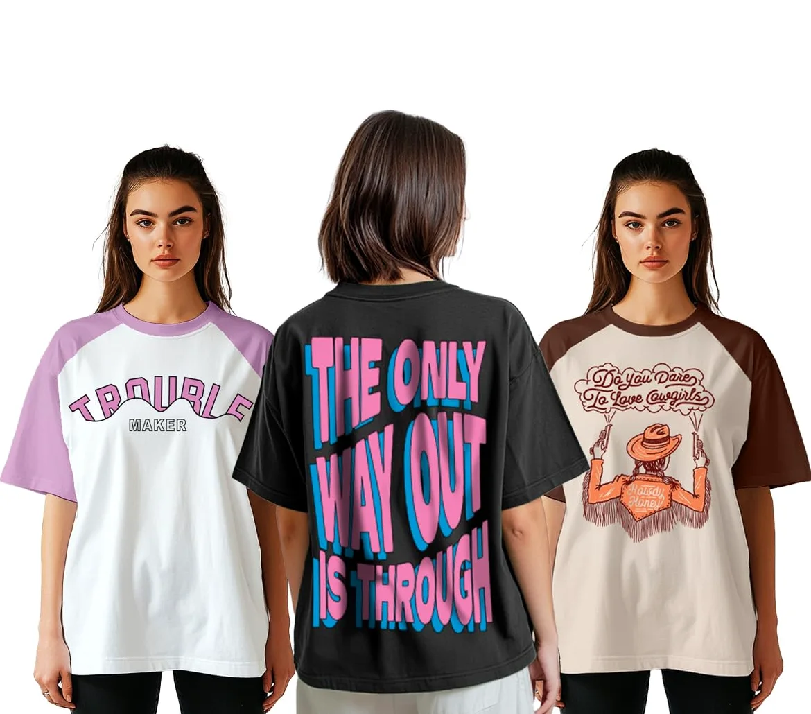 JUNEBERRY 100% czysta bawełna, oversize, luźny krój, styl Boyfriend, pół rękawów, fajny przód i tył, nadruk graficzny, okrągły dekolt, 3 sztuki
