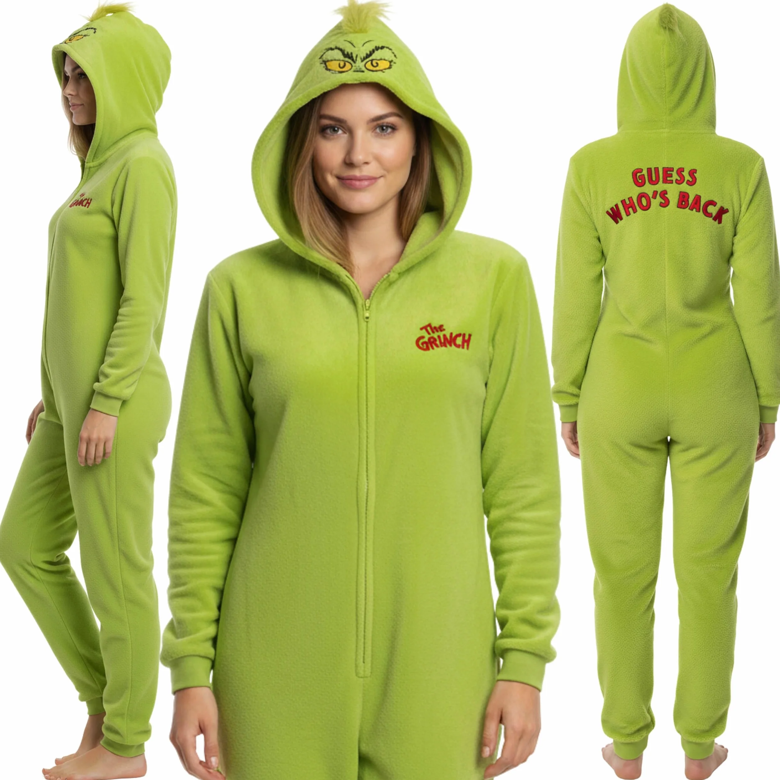 Grinch POLAROWA piżama JEDNOCZĘŚCIOWA zapinana na zamek, damskie CIEPŁE onesie z kapturem