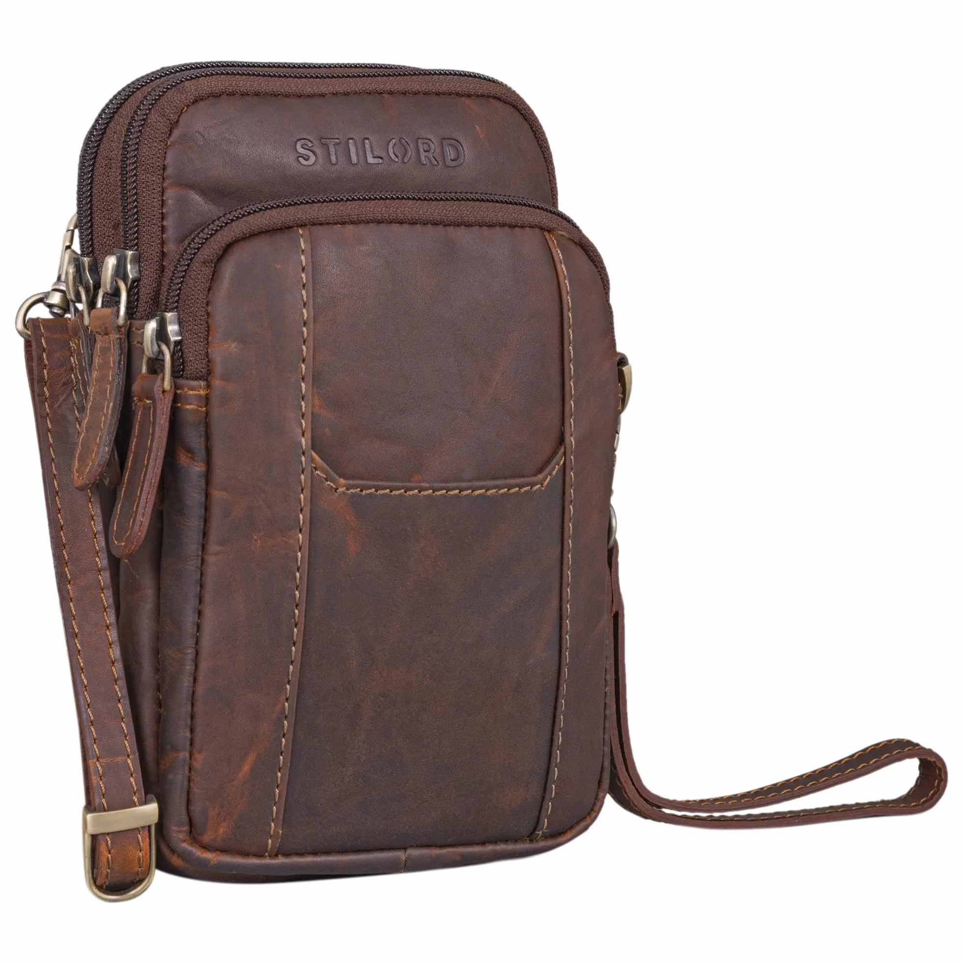STILORD "Tertius" Torebka Męska na Telefon Skóra z Systemem 3-w-1 Mała Torba na Ramię Crossbody Bag Saszetka Nerka Torba na Nadgarstek z Prawdziwej Skóry Kolor:koniakowy - ciemnobrązowy