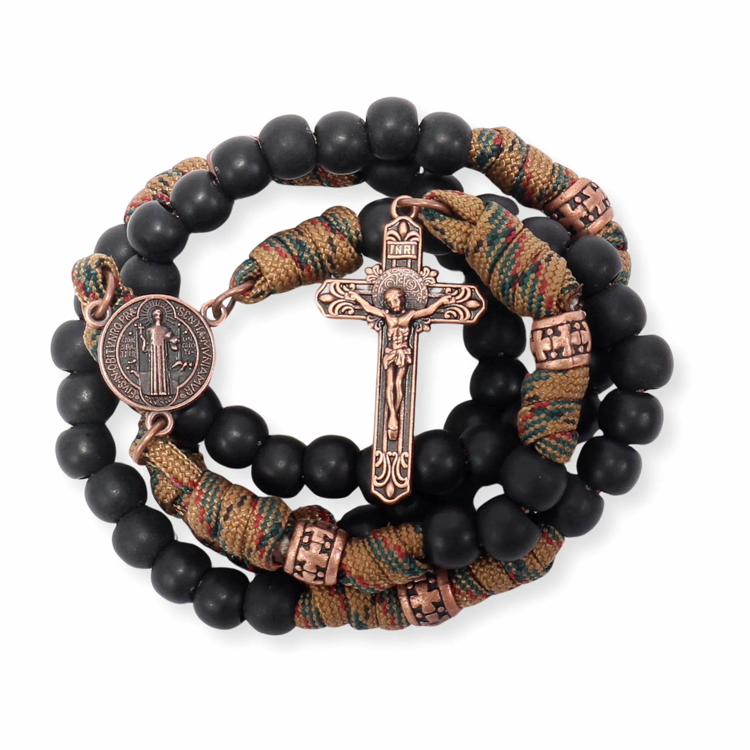 Sklep Nazareth Antique Bronze St Benedict Paracord Różaniec Czarne matowe koraliki Czerwony Biały Wytrzymały Różaniec Mocny sznurkowy naszyjnik