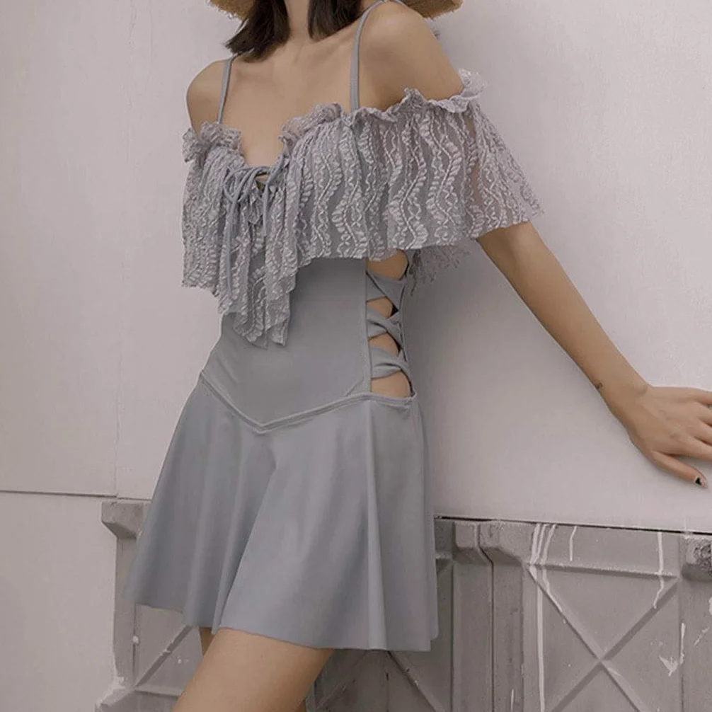 Dwuczęściowy strój kąpielowy damski jednoczęściowy kostium kąpielowy w stylu vintage z odkrytymi ramionami i marszczonymi kostiumami kąpielowymi Bikini Set (niebieski XL)