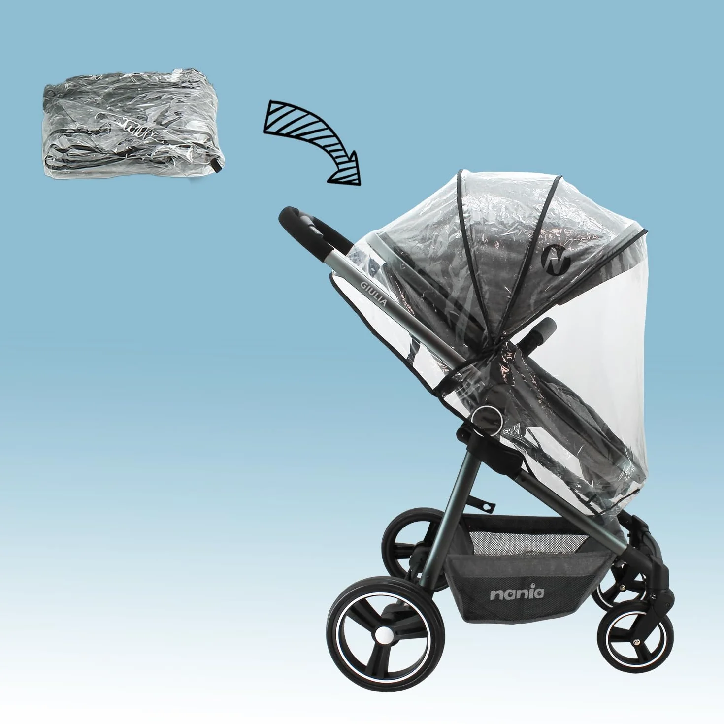 Nania GIULIA wózek kombi 3 w 1, wózek dziecięcy od 0 do 36 miesięcy, składany i odchylany + fotelik samochodowy BEONE EVO i-Size 40-85 cm - Grupa 0+ (0-13 kg), tył drogi + torba na pieluchy, pokrowiec