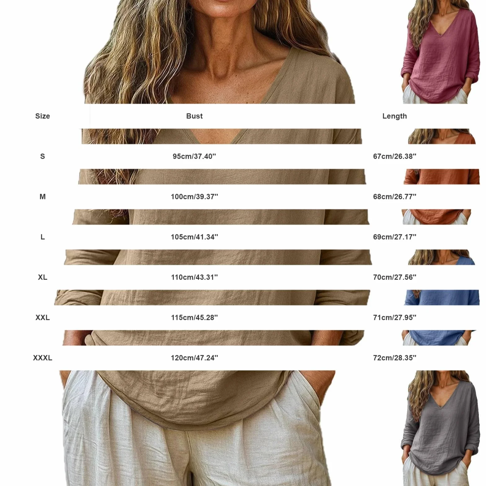 Damskie lniane koszule boho dekolt w serek bawełniane topy bluzka luźna elegancka tunika plażowa z długim rękawem wiosenne letnie koszulki