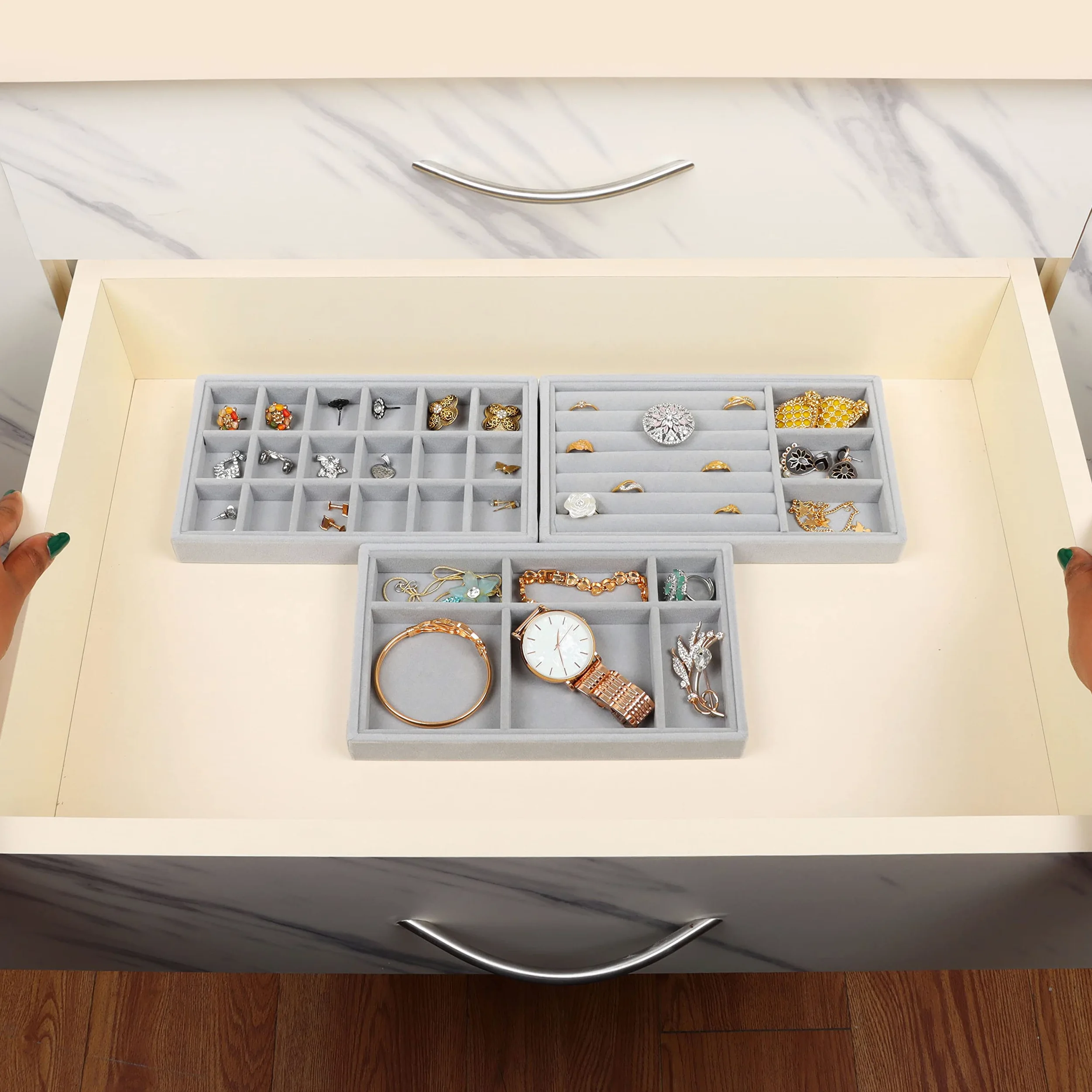 Belle Vous Szary aksamitny skórzany organizer na biżuterię, tacki do przechowywania (9 sztuk) - 12,3 x 21 cm - pudełka ekspozycyjne do szuflad komody na naszyjniki, pierścionki, bransoletki i kolczyki