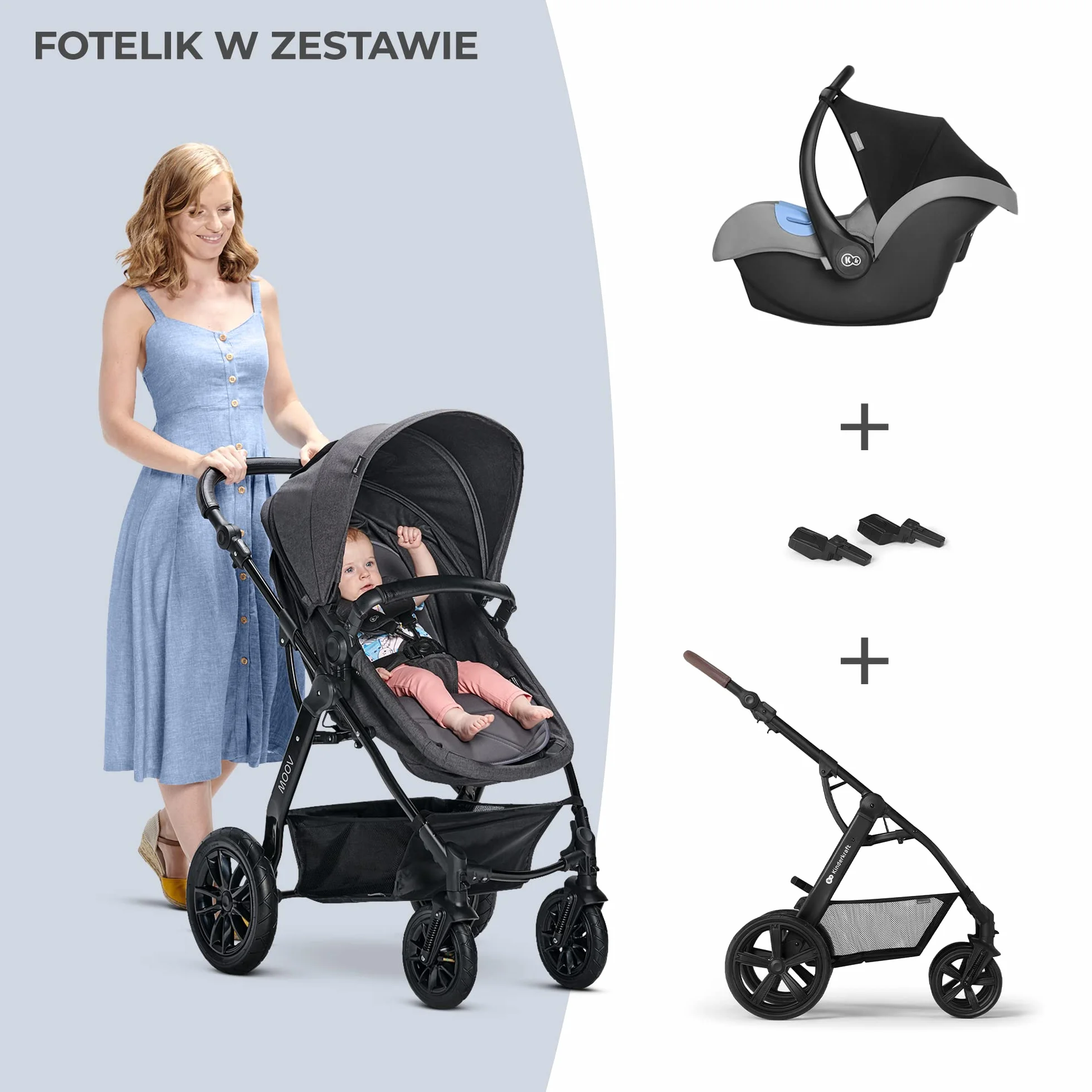 kk KinderkraftWielofunkcyjny Wózek Dziecięcy MOOV 3w1, Spacerówka, Travel system, Fotelik samochodowy i akcesoria w zestawie, Regulacja Oparcia, Amortyzowane koła i stelaż, do 22 kg, Szary