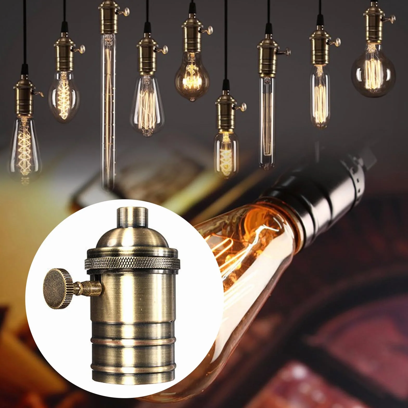 Vintage oprawa lampy retro E26/E27 antyczna lampa wisząca oprawa mosiężna przełącznik