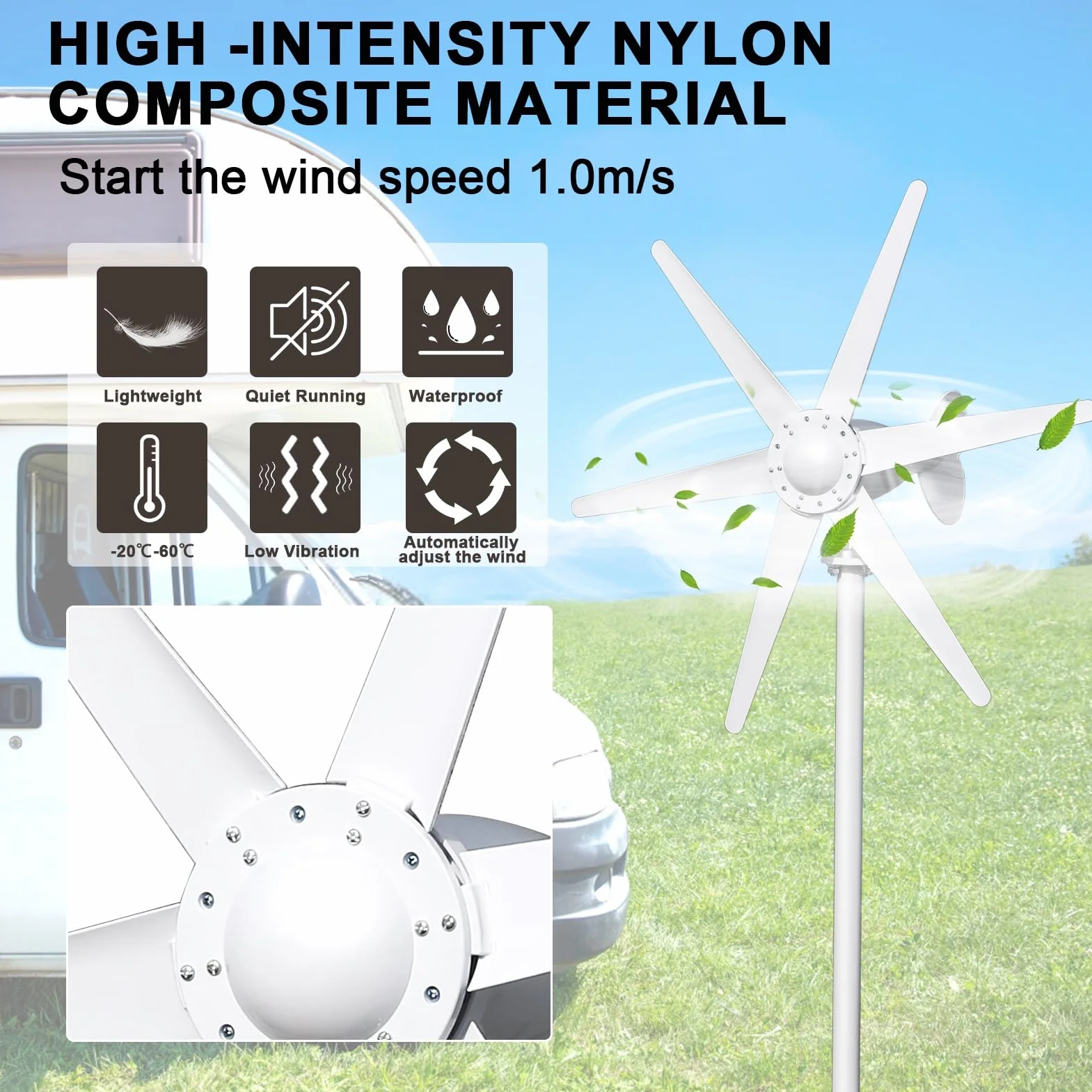 Zestaw generatora turbiny wiatrowej (800 W, 12/24 V, 6 ostrzy, elektromagnetyczne wyposażenie generatora elektromagnetycznego do tarasu, statku morskiego, kampera, kabiny, boa