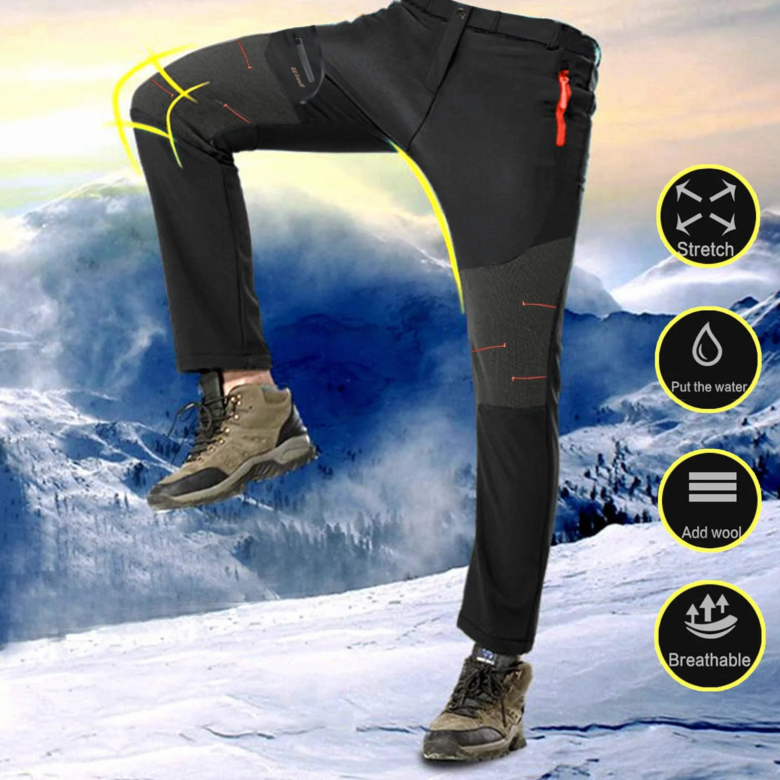 Męskie wodoodporne spodnie narciarskie softshell z podszewką polarową