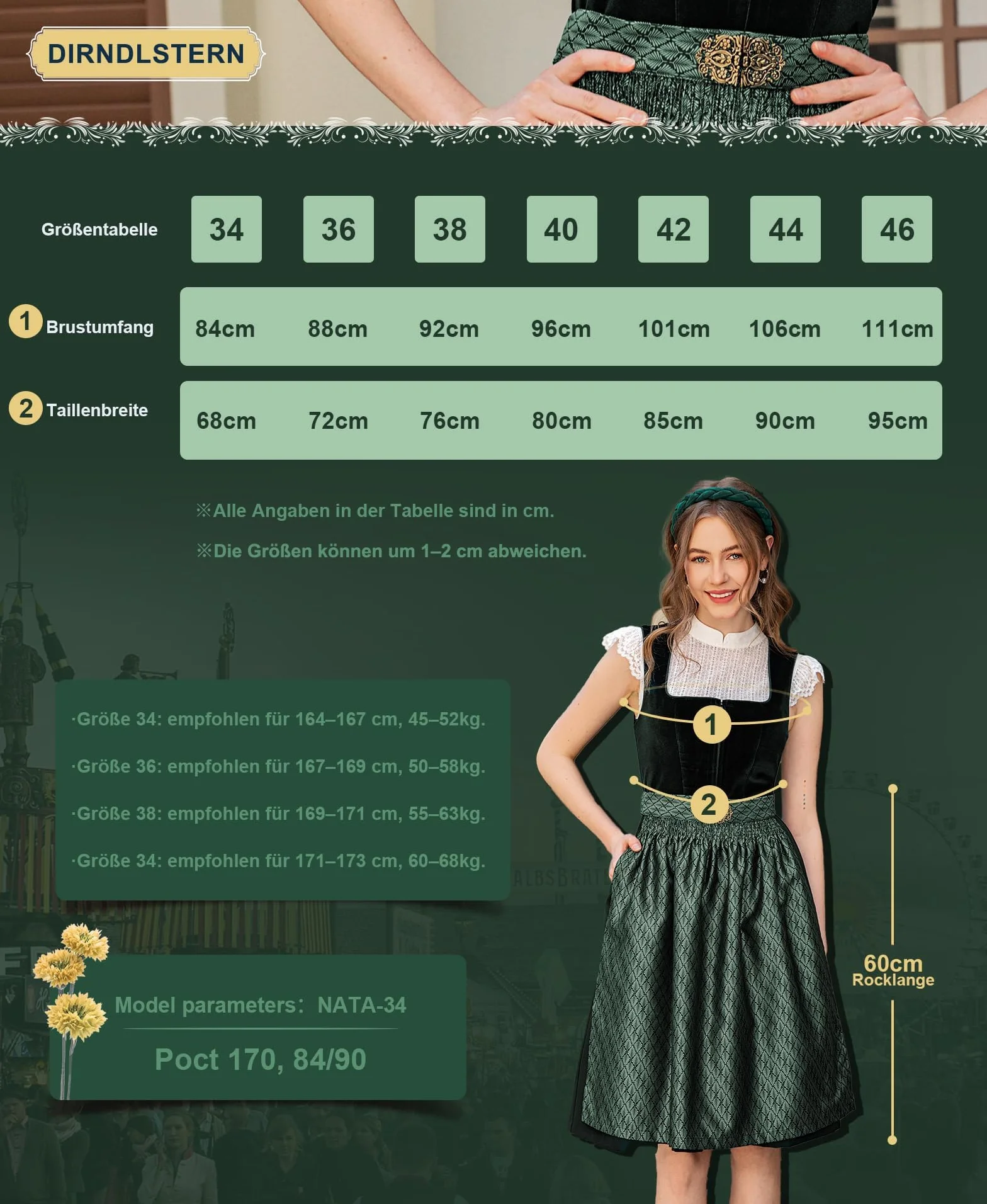 DirndlStern Dirndl damski zielony sukienka ludowa aksamit bawarska midi z fartuchem Oktoberfest