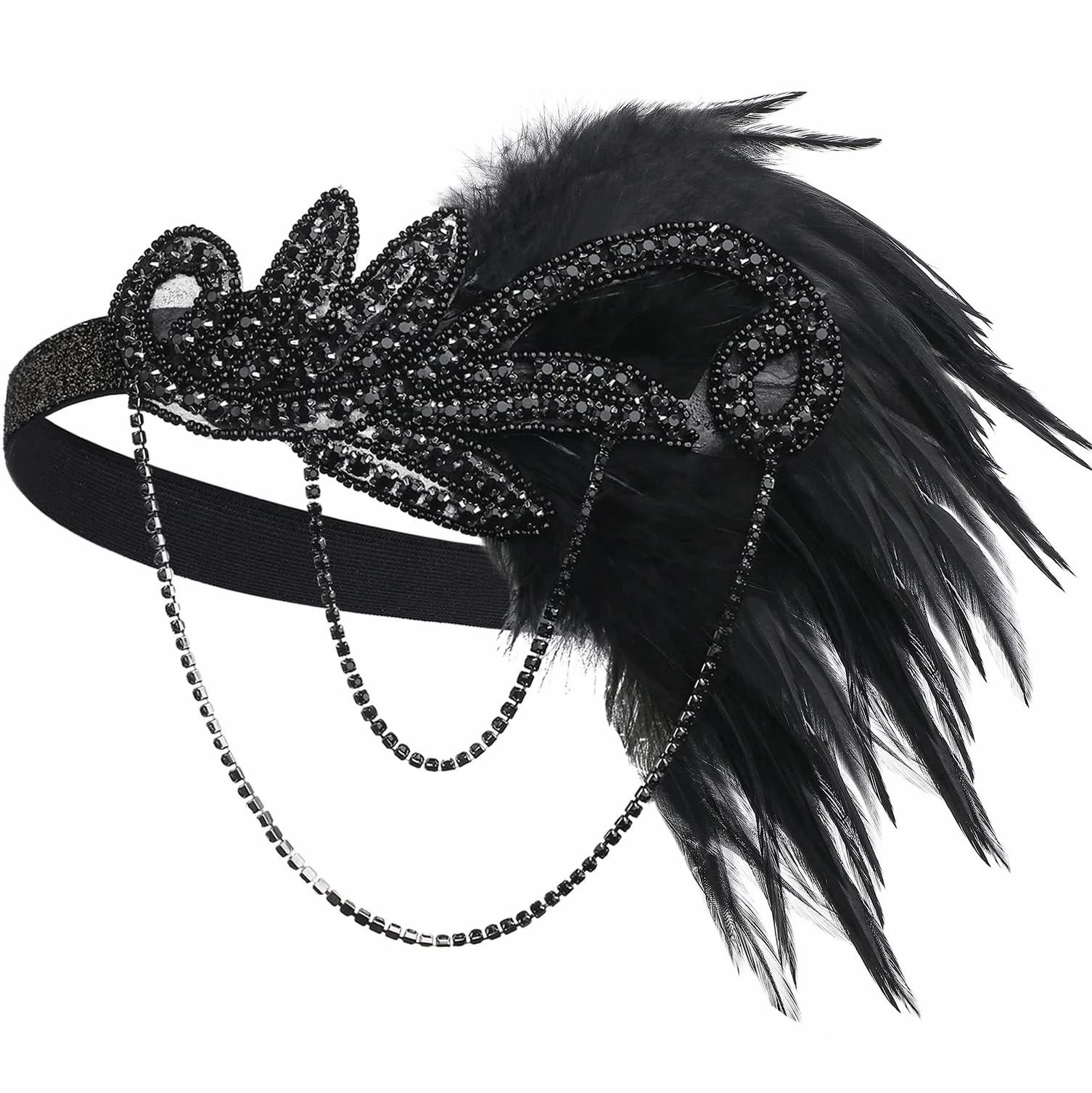 BABEYOND Opaska Gatsby Crystal 1920s Feather Flapper Vintage Czarna