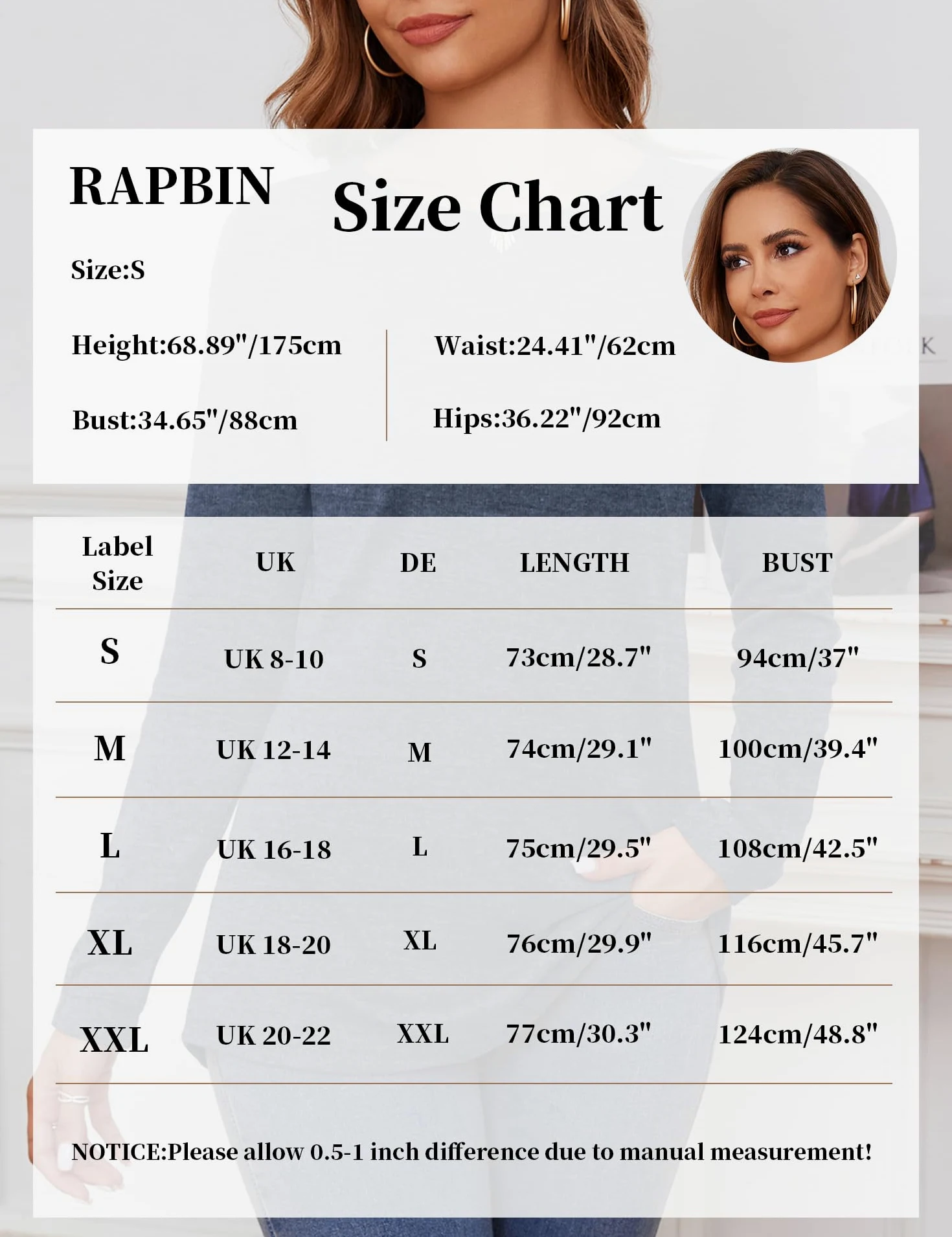 Rapbin Topy z długim rękawem damskie swetry na co dzień koszulki z okrągłym dekoltem bluzy z otworami na kciuki zakrzywione obszycie tuniki koszule