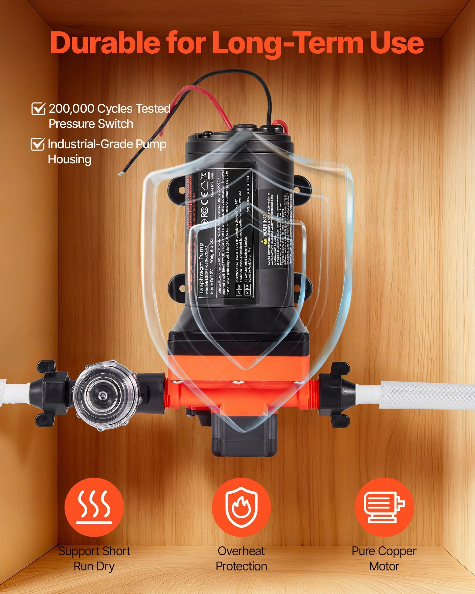 VEVOR Pompa membranowa, 12 V DC, 18,9 l/min, samozasysająca 4-komorowa pompa wodna z automatycznym przełącznikiem ciśnieniowym, ciśnienie 4,8 bar, do przyczep kempingowych, statków, jachtów, myjni