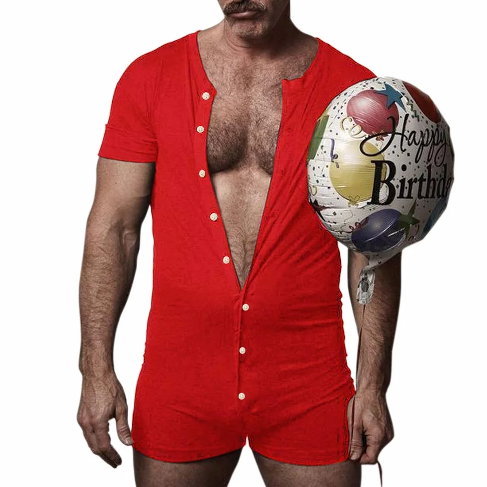 Mężczyźni Krótki rękaw Onesie Henley Kombinezon Elastyczny Bawełna Ramper Piżamy Komplety piżam