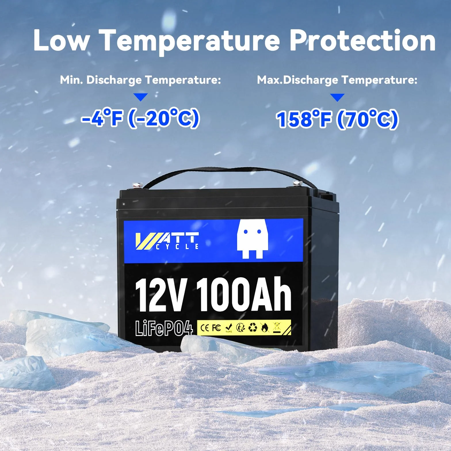 Wattcycle 12V 100Ah LiFePO4 Akumulator Litowy z Ogniwami EV-Grade A+, BMS 100A i Ochroną Niskiej Temperatury, Do 15000 Cykli, Idealny Do Kamperów, Systemów Solarnych, Off-Grid