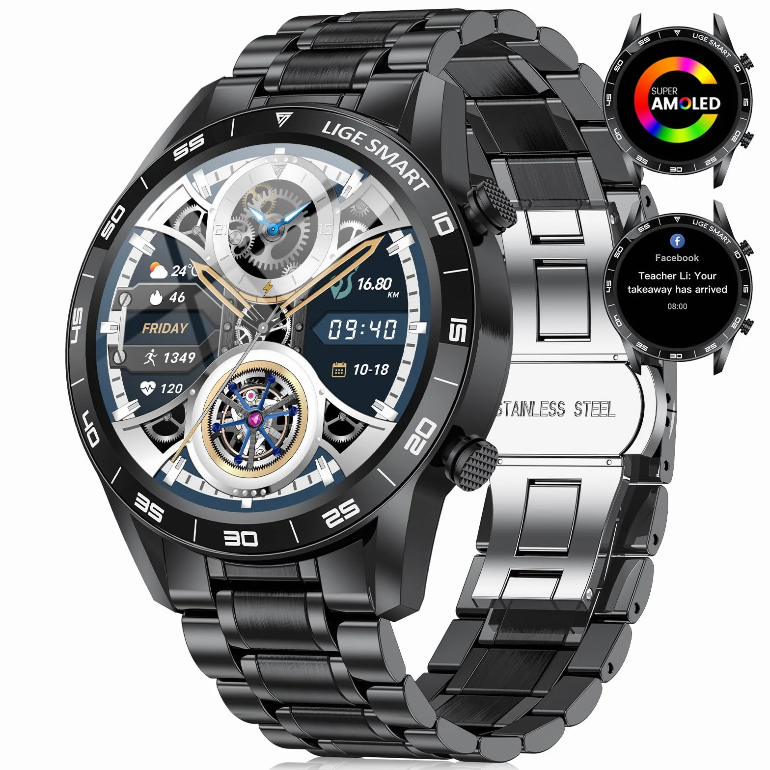 LIGE Smartwatch męski z funkcją telefonu i funkcją wspomagania głosu, wyświetlacz AMOLED 1,43", 109 trybów sportowych, zegarek fitness do systemu Android iOS, czarny