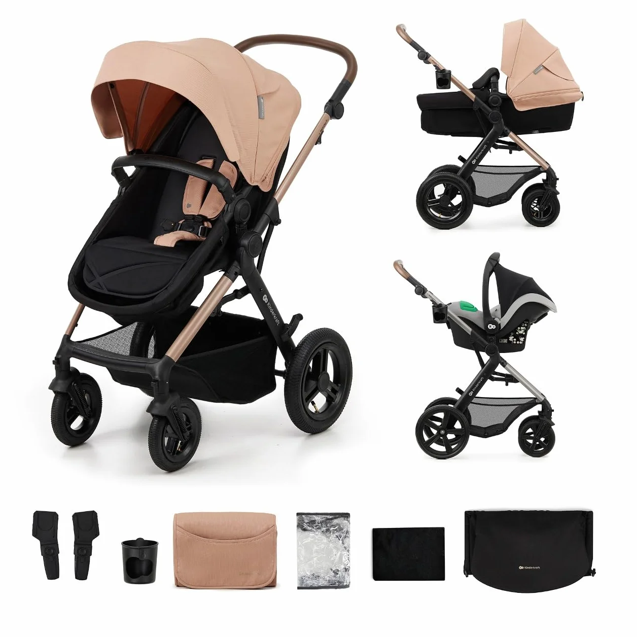 Kinderkraft MOOV 2 AIR 3 w 1, fotelik samochodowy, Mink PRO I-Size, system podróżny, wózek dziecięcy, krzesełko spacerowe, składane, dla noworodka, od urodzenia do 3 lat, Szary