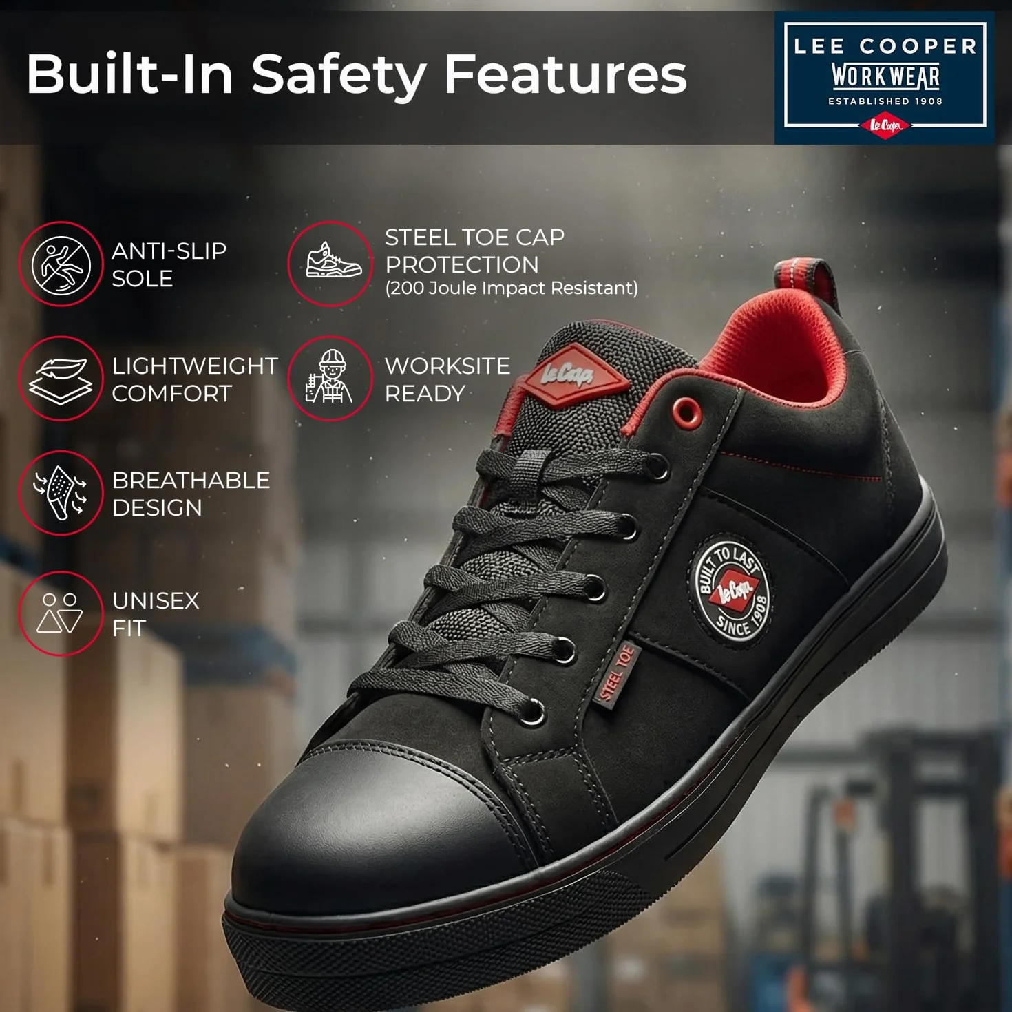 Lee Cooper ‎LCSHOE054 Unisexowe obuwie ochronne robocze SB/SRA w stylu retro baseball nowoczesny design buty robocze BHP, Czarny, 44 EU