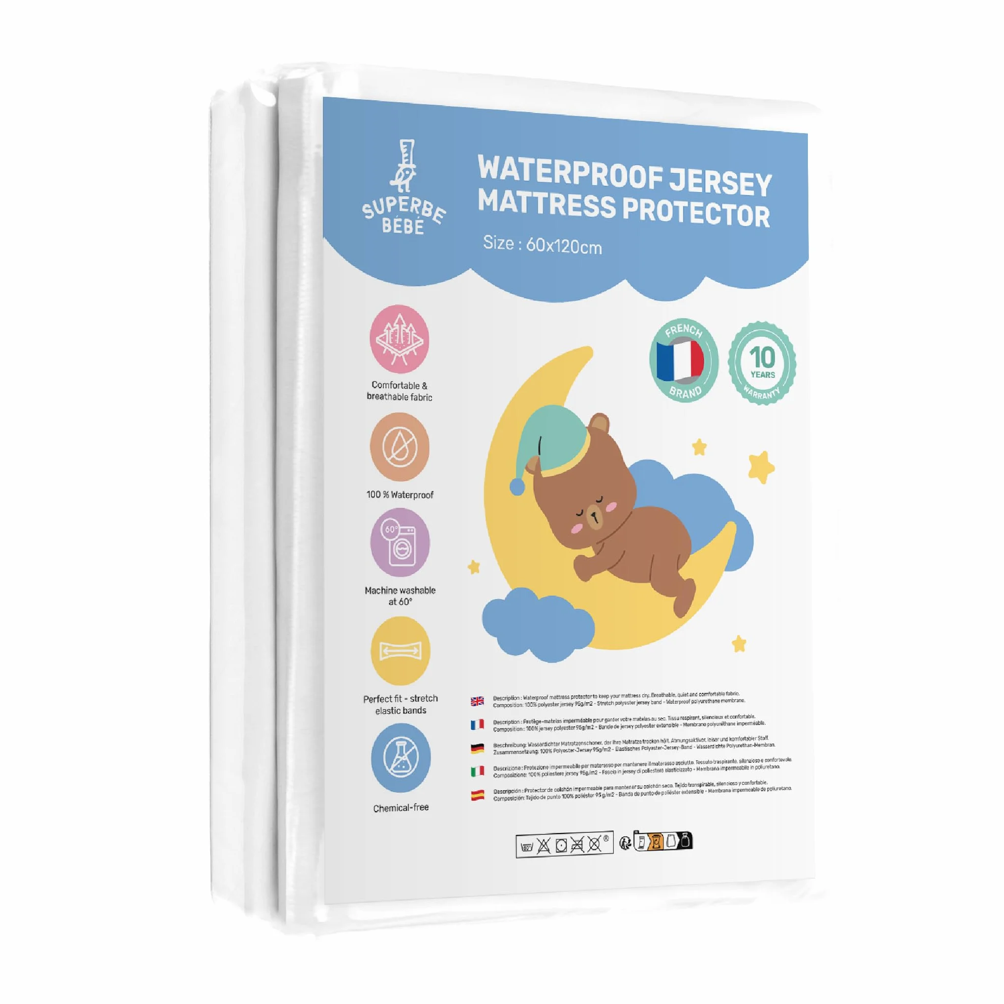 Wodoodporny ochraniacz na materac niemowlęcy 60 x 120 do łóżeczka niemowlęcego | Prześcieradło z gumką do materaca łatwe w montażu | Wodoodporny materac, można prać w pralce, Oeko Tex bez środków