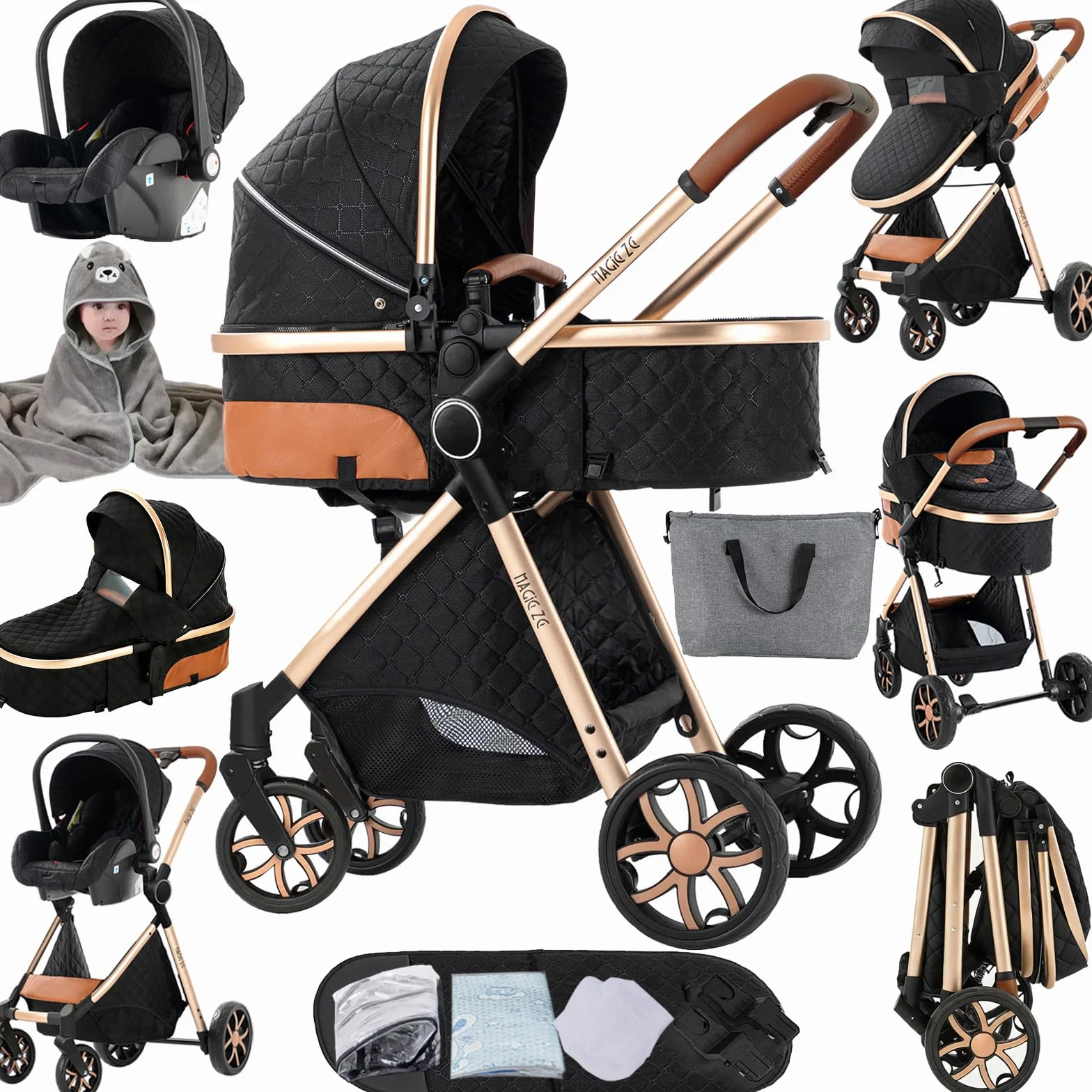 MoLi Trio, wózek dziecięcy 3 w 1, podwójny tryb push, duża gondola dla niemowląt, składany aluminiowy wózek (225 Black Gold)