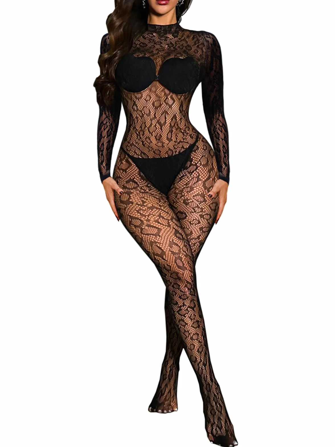 Buitifo Woman Sexy Lingerie Bodysuit Fishnet Body Stocking Leopard Jumpsuit Rave Outfits(Black2,M)
