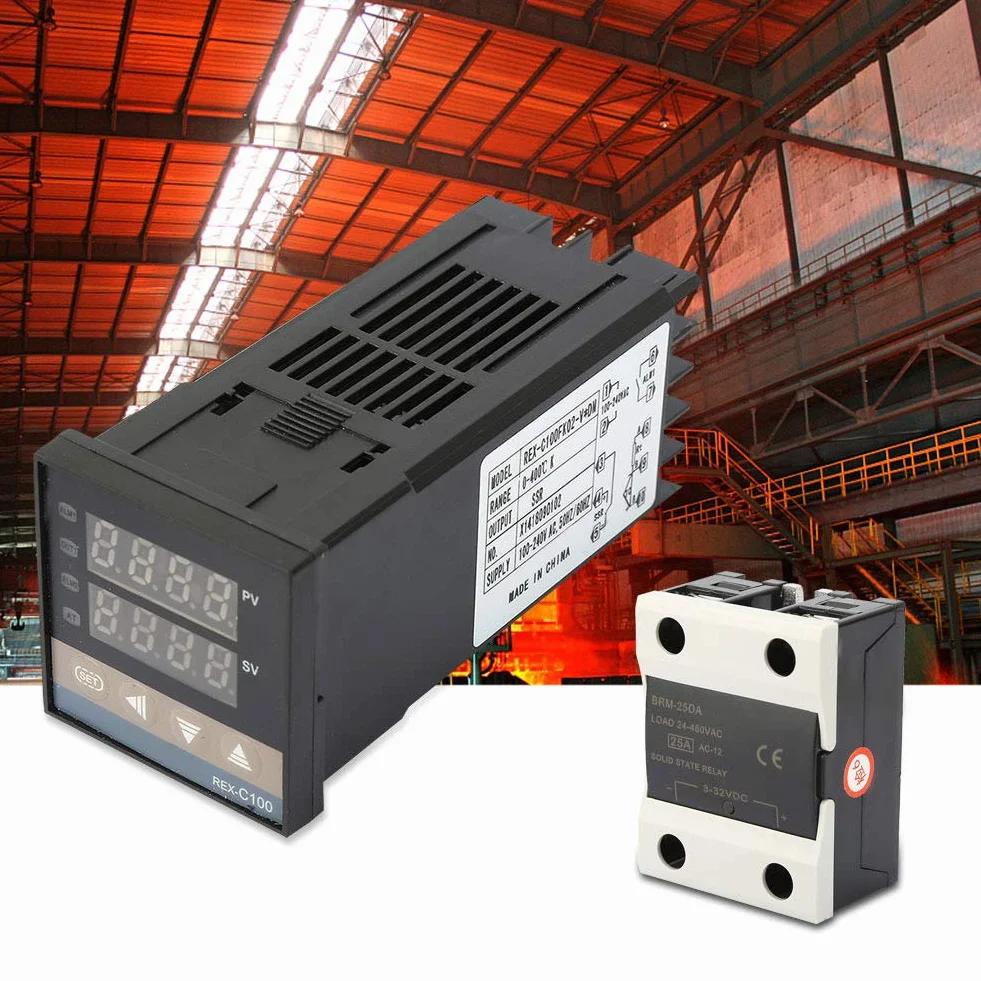 Zestaw regulatora temperatury PID cyfrowy z SSR 25A, termopara M6 K 1m, zakres 0-400°C, sterownik do pieca i grzania, kompatybilny AC110-240V