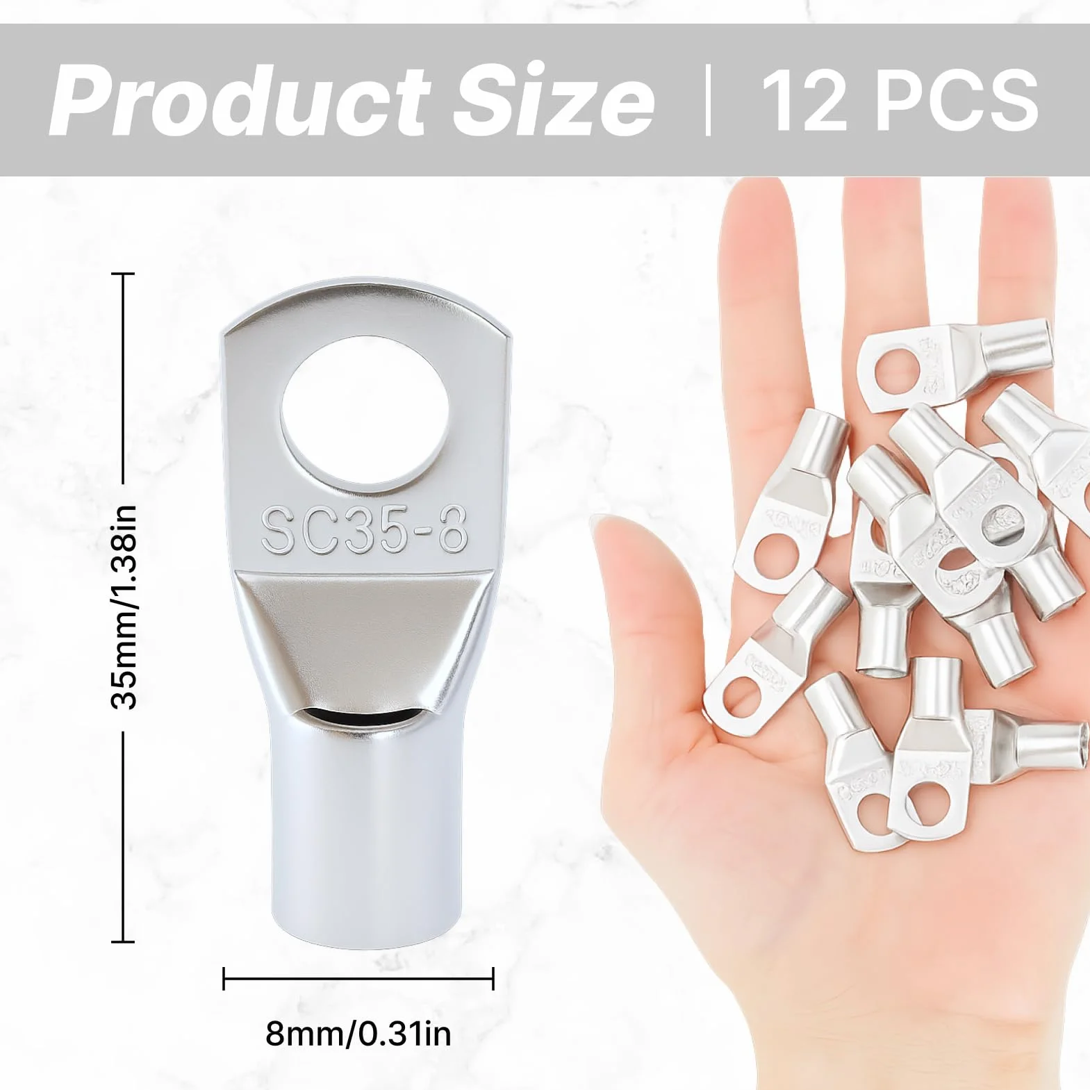 12 sztuk końcówek kablowych 35 mm² M8, miedziane nieizolowane końcówki, złącza kablowe, złącza kablowe, końcówki kablowe do samochodu, łodzi, sprzętu DIY, końcówek kablowych