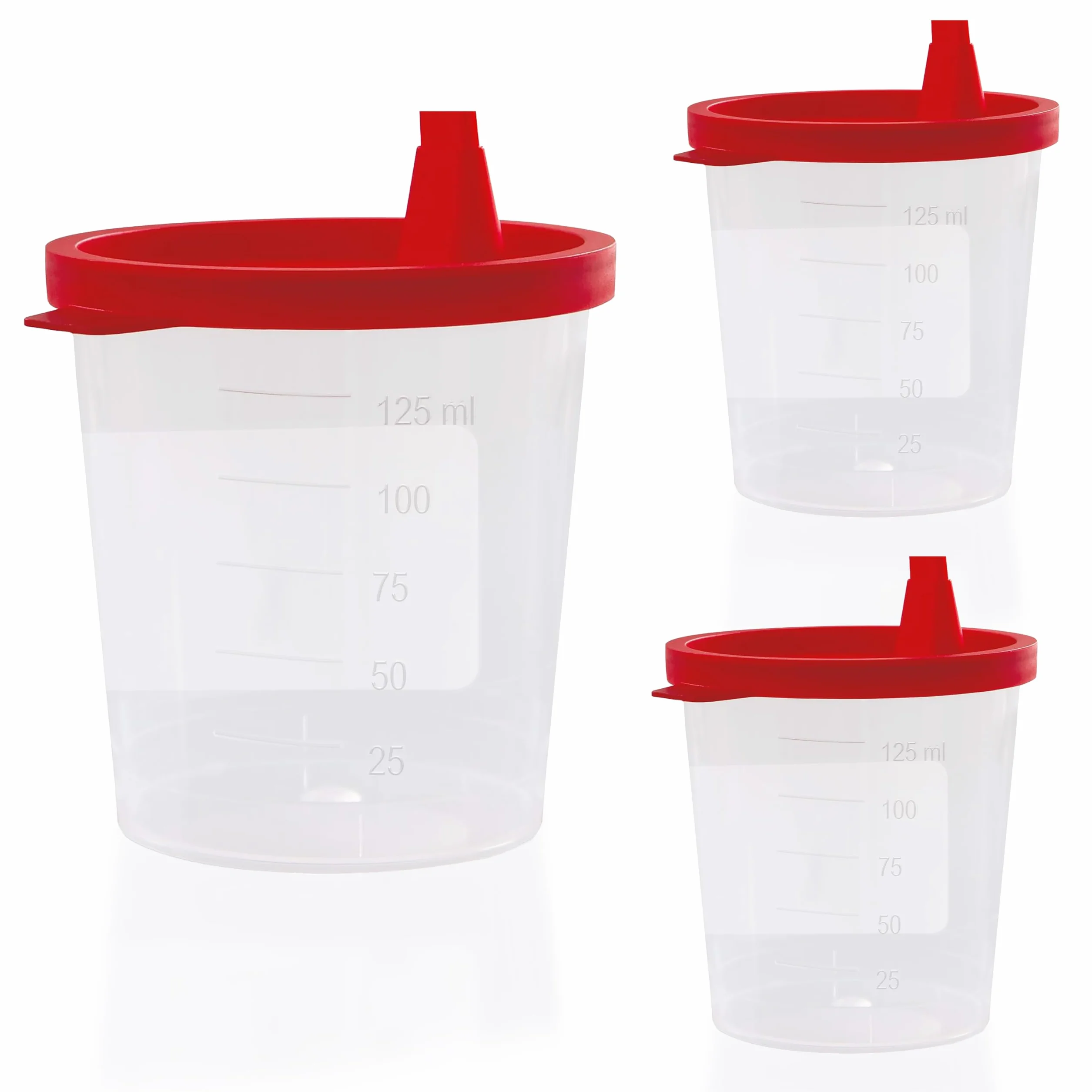HaseMed kubek na mocz 125 ml – 3 sztuki kubków na próbki z czerwoną pokrywką – szczelny, można układać w stos i higieniczny, do próbek moczu, materiałów laboratoryjnych, gabinetów lekarskich, kliniki
