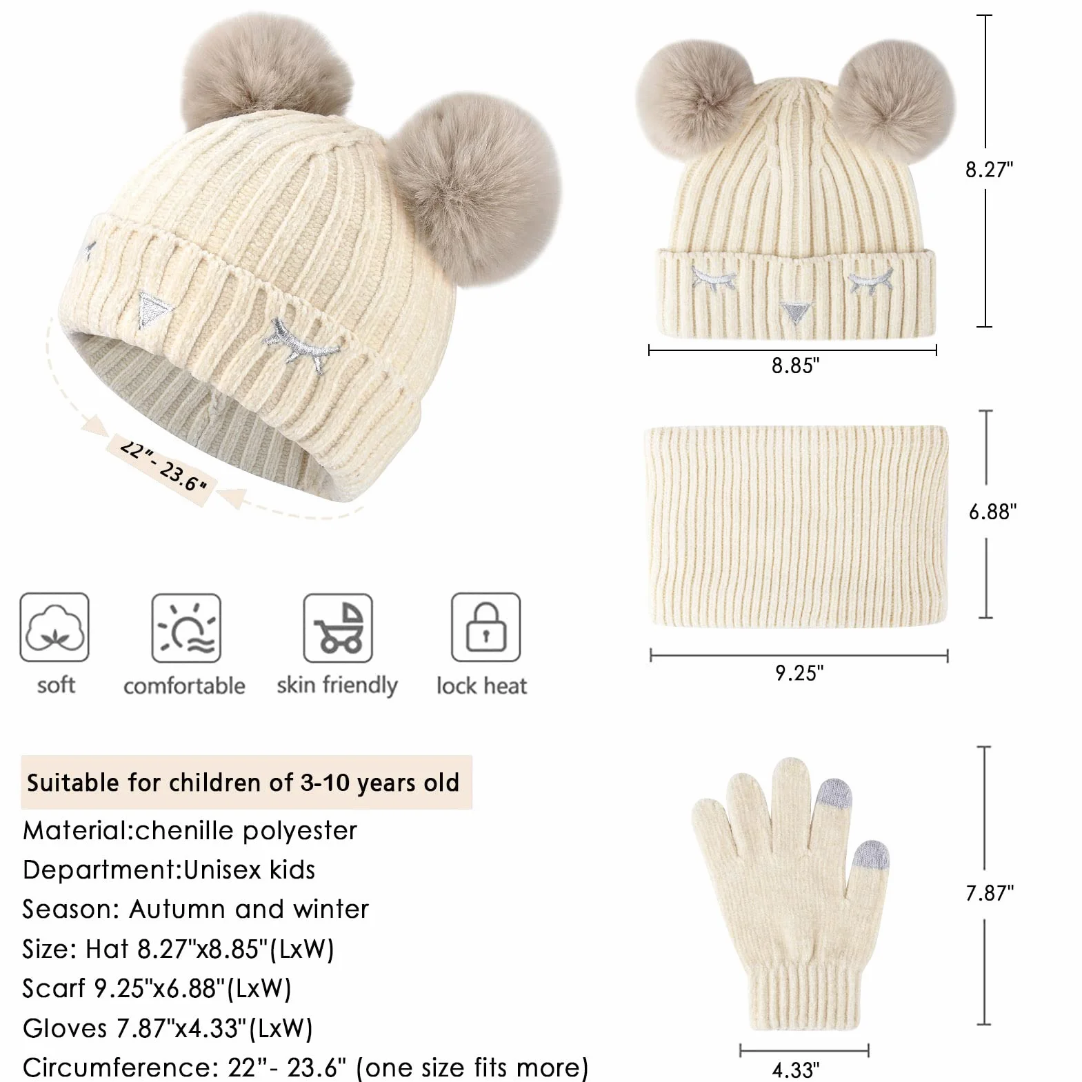 Bequemer Laden Dla chłopców i dziewczynek, zimowa ciepła czapka beanie, szalik, komin i ekran dotykowy, zestaw rękawiczek z podszewką polarową, dla dzieci w wieku 3-10 lat, biały, jeden rozmiar