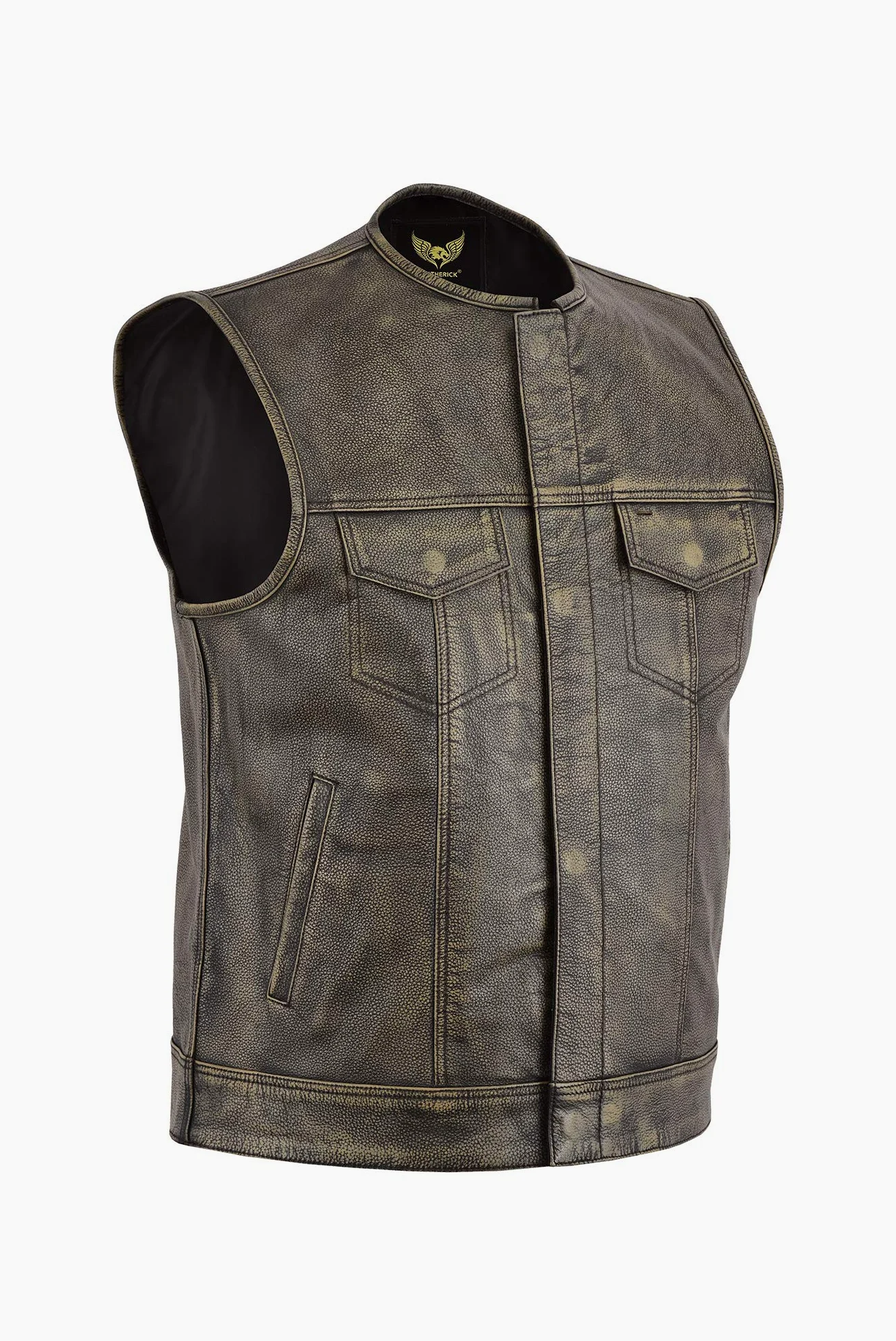 Leatherick Męska kamizelka skórzana w stylu vintage, brązowy, styl bez kołnierza, doskonały wygląd
