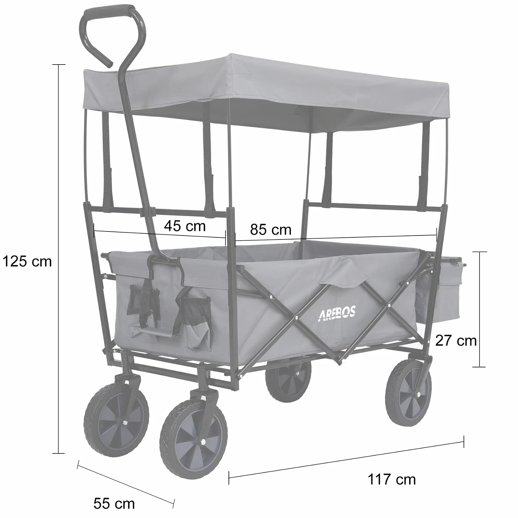 Arebos Wózek ręczny | Wózek transportowy | Wózek składany | Wózek narzędziowy z 2 kieszeniami siatkowymi i jedną kieszenią zewnętrzną | Składany | do 70 kg udźwigu | Opony z pełnej gumy 360°