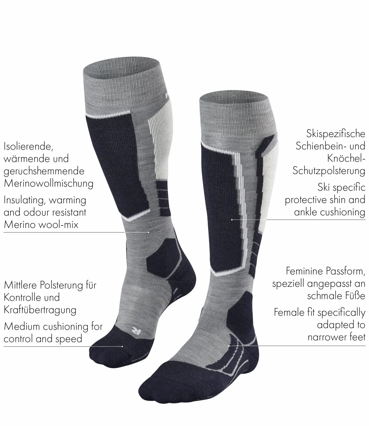 FALKE Kobiety Skarpety narciarskie SK2 Intermediate W Kh Wełna ciepłe grube 1 Para, Czarny Black 3008, 37-38