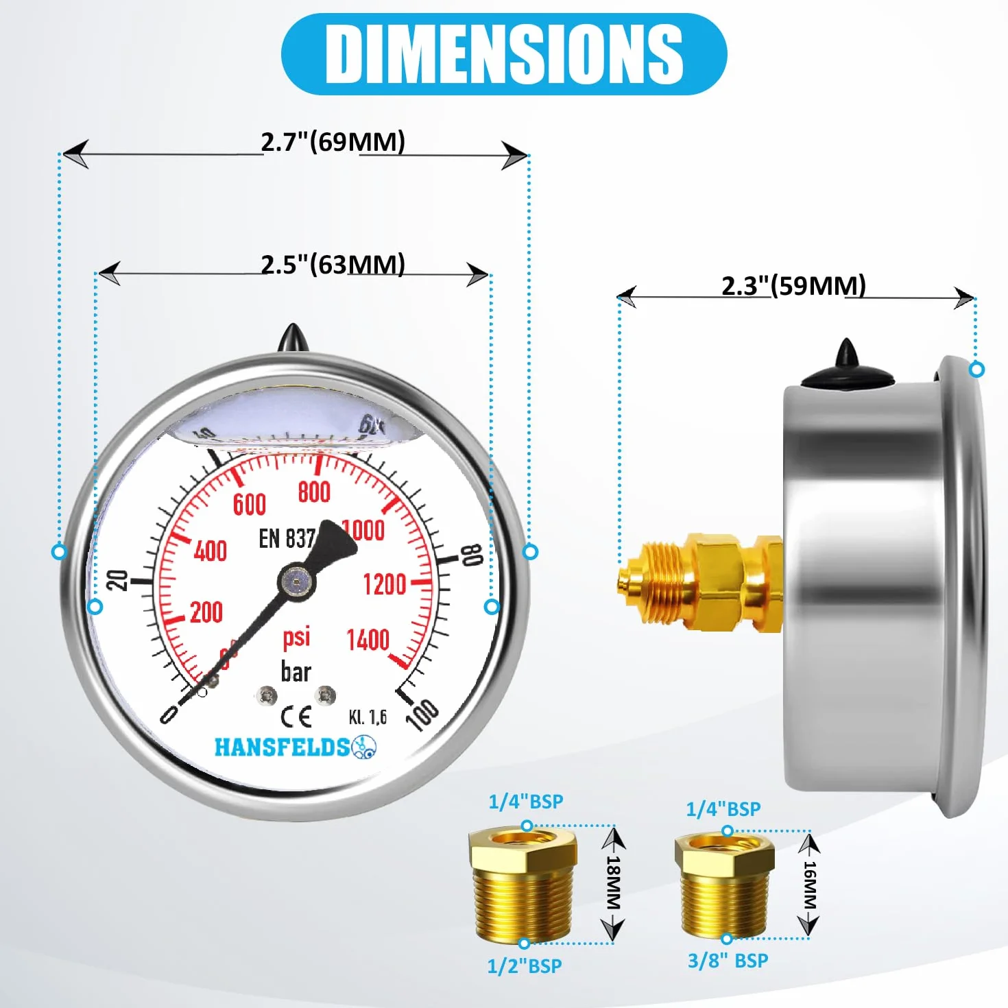 Manometr Hansfelds 0–100 bar/PSI, tarcza 63 mm, tylne przyłącze mosiężne G1/4" BSP, wypełniony cieczą (gliceryną), klasa dokładności 1.6, w zestawie 2 redukcje na 3/8" oraz 1/2".