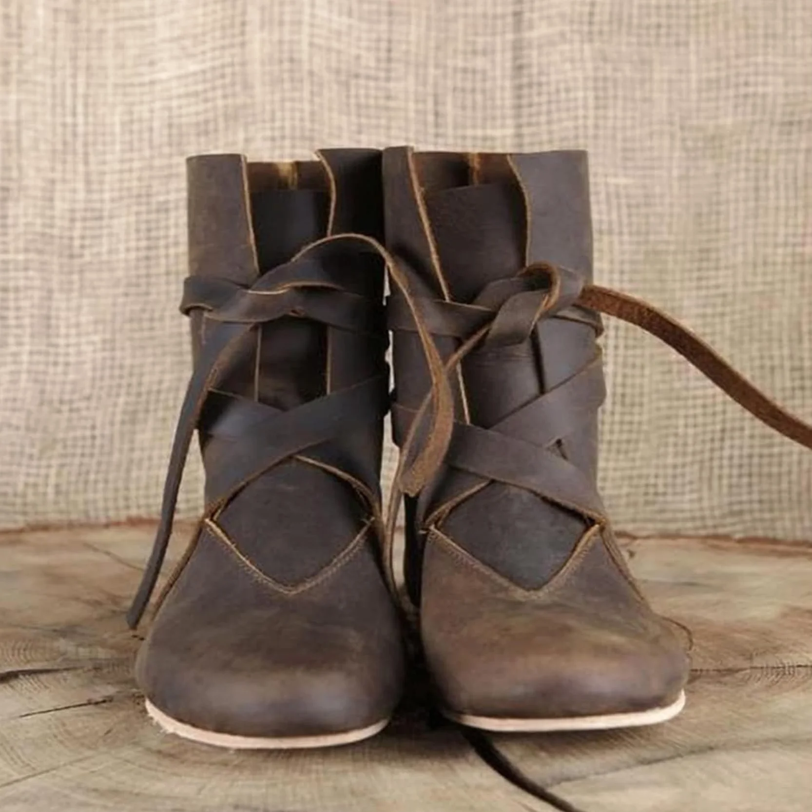 DJFOG Średniowieczne buty rycerskie ze skóry PU, średniowieczne renesansowe buty cosplay dla mężczyzn i kobiet, vintage płaskie dno buty sznurowane buty