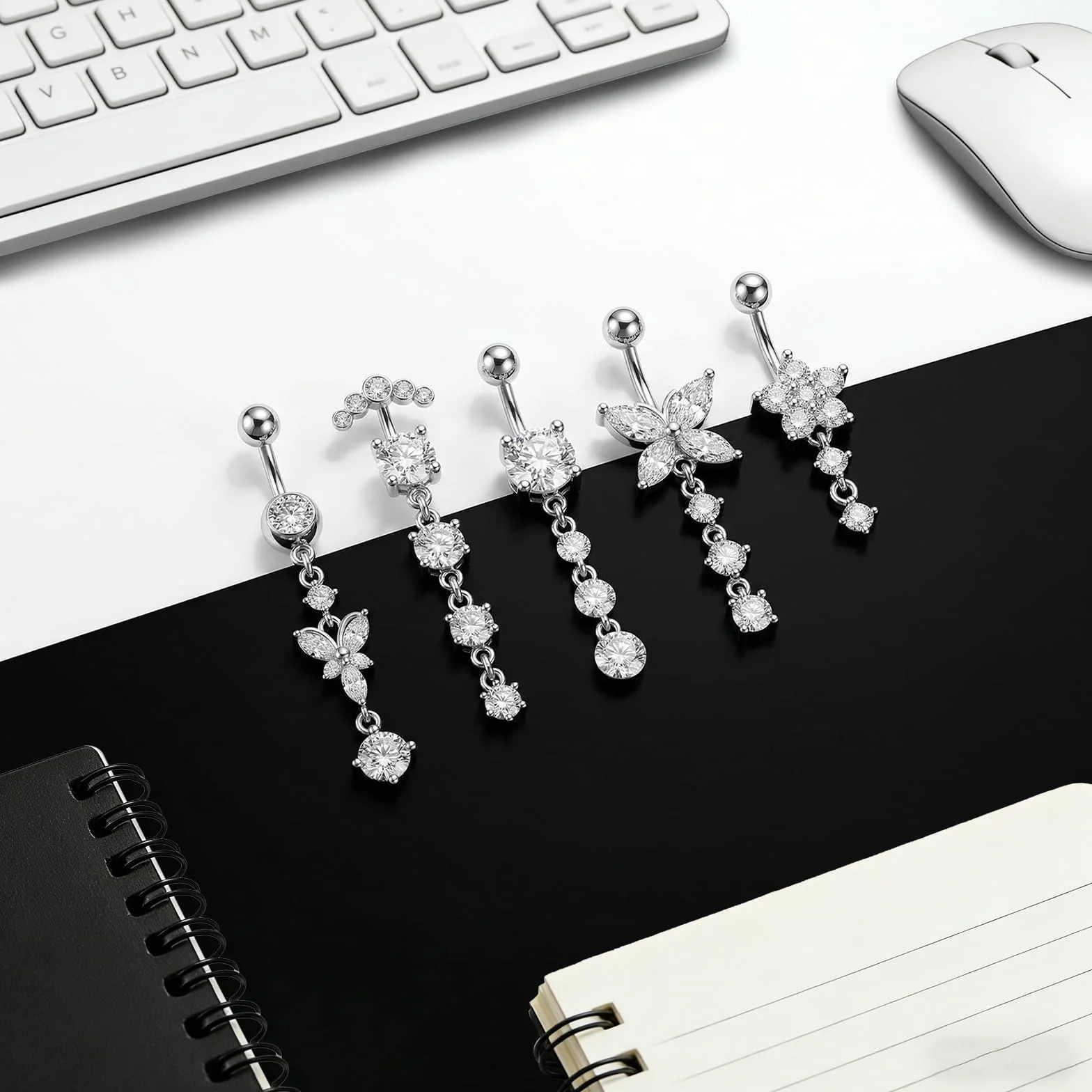 5 sztuk srebrnych kolczyków do pępka: piercing do pępka ze stali nierdzewnej 304, piercing do pępka 12 mm, długość pręcika 10 mm, kolczyk do brzucha, motyle, kwiaty, zawieszka dla kobiet i