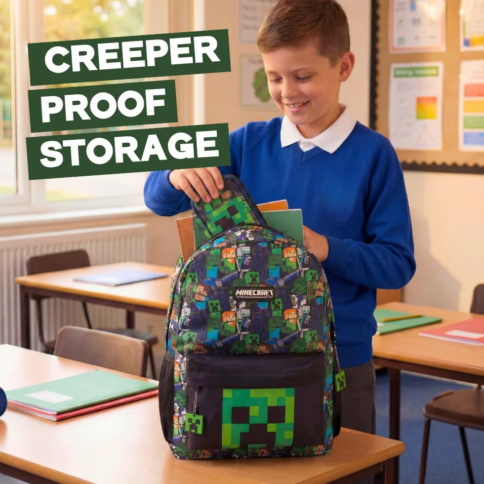 Minecraft Opcje plecaka szkolnego dla chłopców, plecak dla graczy z pnączami, zombie, szkieletem, endermana i pająkiem jaskini, torba z postaciami do szkoły, podróży, gier, jednodniowych wycieczek |