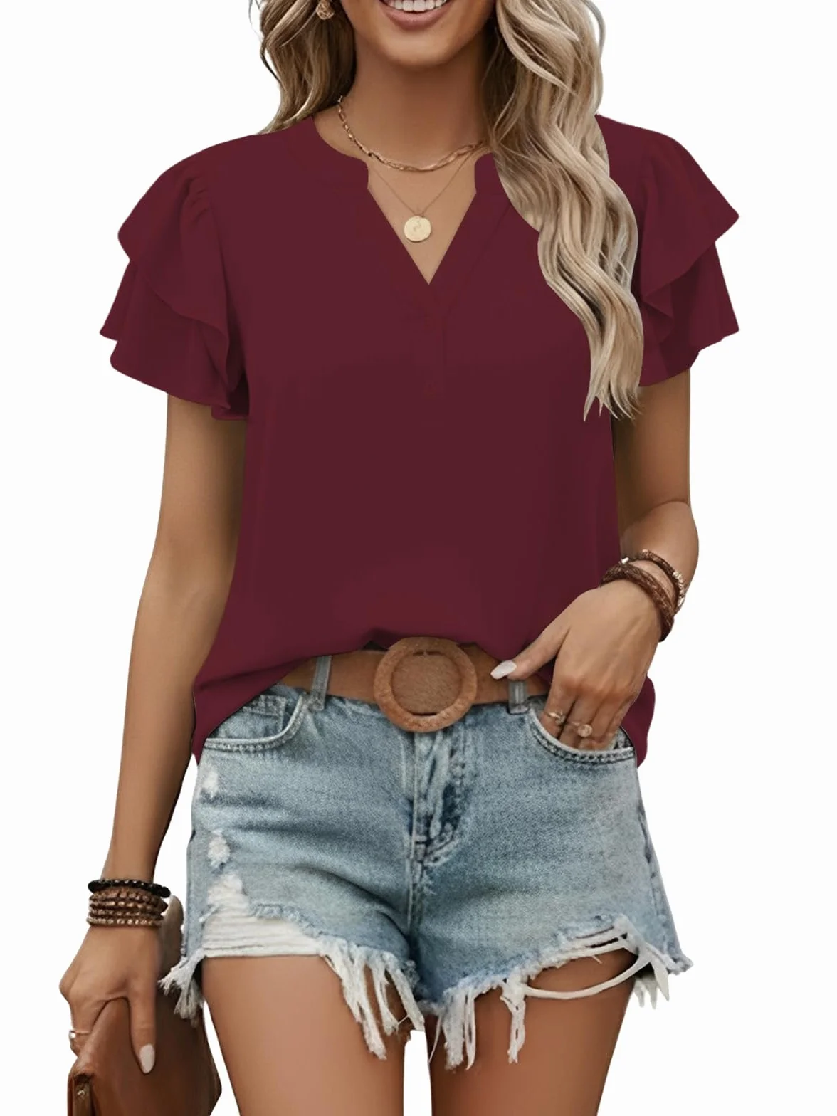 Cuptacc Koszulka damska Haut Femme Femme Chic Et Elegant T-Shirts à Manches Courtes Decontract Col V Top Couleur Unie Coupe Classique Comfort Shirt