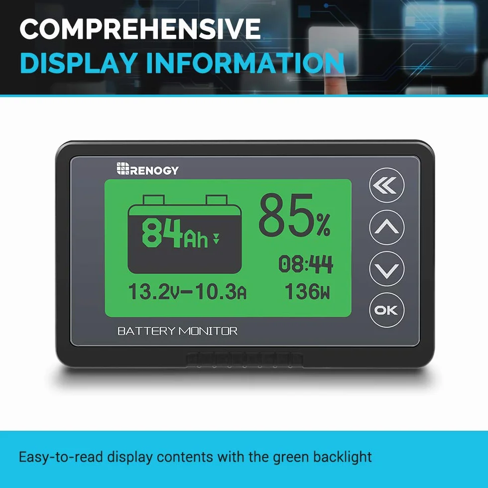 Renogy Czujnik baterii 500 A, 12 V/24 V/36/48 V, bardzo precyzyjny monitor baterii z programowalnym alarmem wysokiego/niskiego napięcia, kompatybilny z LiFPO4, AGM, uszczelnione, żelowe, mokre baterie